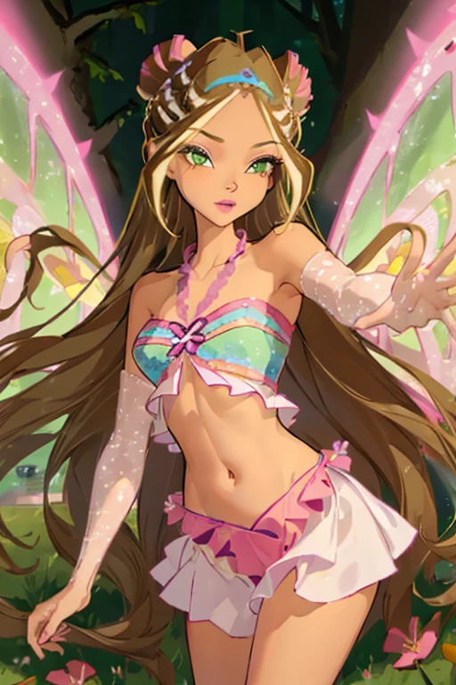 (Flora:1.5), dress, wings, sparkling clothing, ((midriff)), ((crop top)), ((navel)), brown hair, green eyes, long hair, forest background, pink flowers, soft lighting, (realistic:1.2), (masterpiece:1.2), (full-body-shot:1),(Cowboy-shot:1.2), neon lighting, dark romantic lighting, (highly detailed:1.2),(detailed face:1.2), (gradients), colorful, detailed eyes,, (natural lighting:1.2), solo