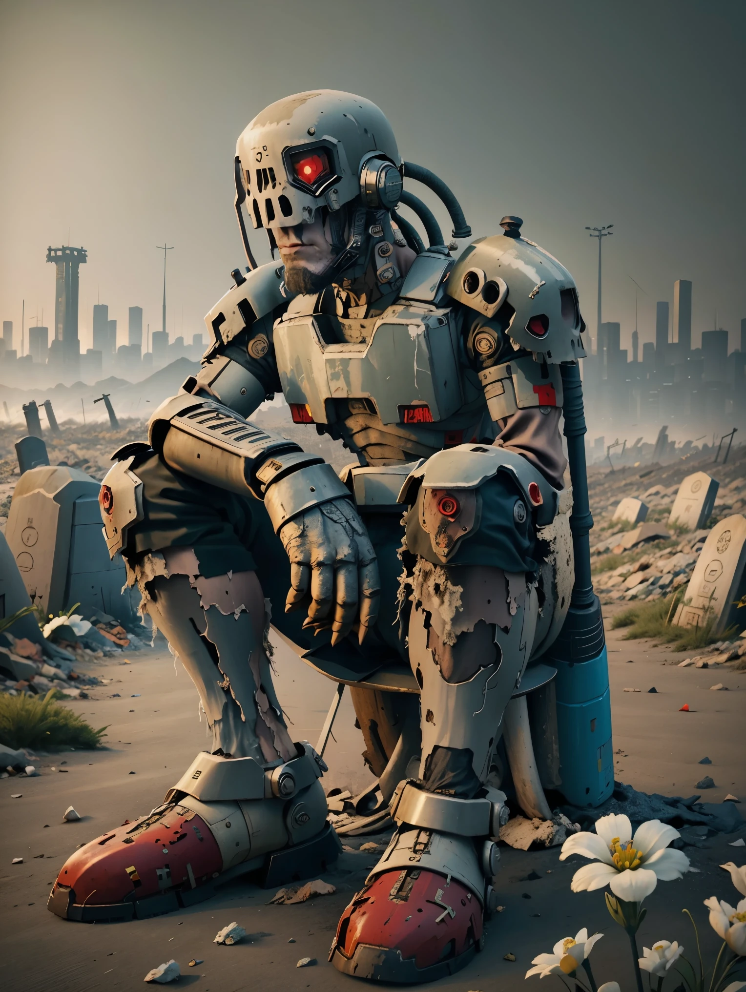 wasteland，A very poor old mech sitting on a rock thinking，Thinker，Hand on cheek，(Sitting:1.2)，rust，Wearing tattered armor，The skyline in the distance，Gothic，moss，(A small white flower)，(Cemetery)，Gothic教堂，(Blood red moon)，Gothic元素，wildfires，cold，gloomy