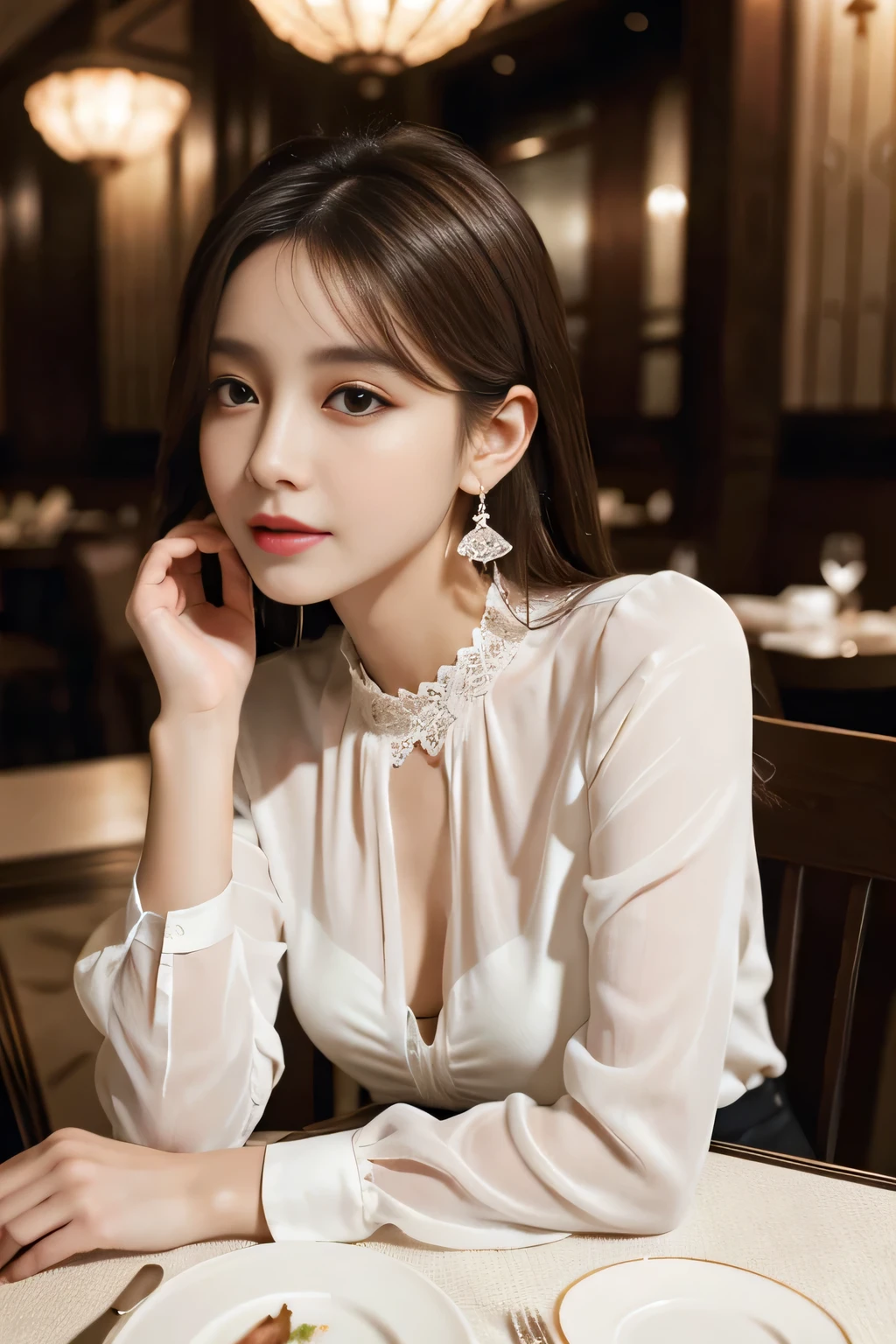 masterpiece, highest quality, Realistic, Very detailed, Finer details, High resolution, 8k wallpaper, One beautiful woman, Wear an elegant white see-through blouse, In a great restaurant, At night, Light brown messy hair, Perfect dynamic composition, Beautiful and beautiful eyes、Big earrings、Sitting in a chair、