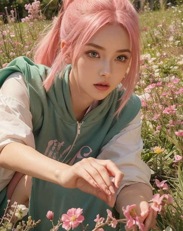 young woman, bubblegum pink hair tied in a bun, wide forehead, porcelain skin, pink eyebrows, emerald green eyes, upturned nose, thick pink lips, heart-shaped face, dark red clothes, Sakura Haruno, realism, well detailed, 3d
