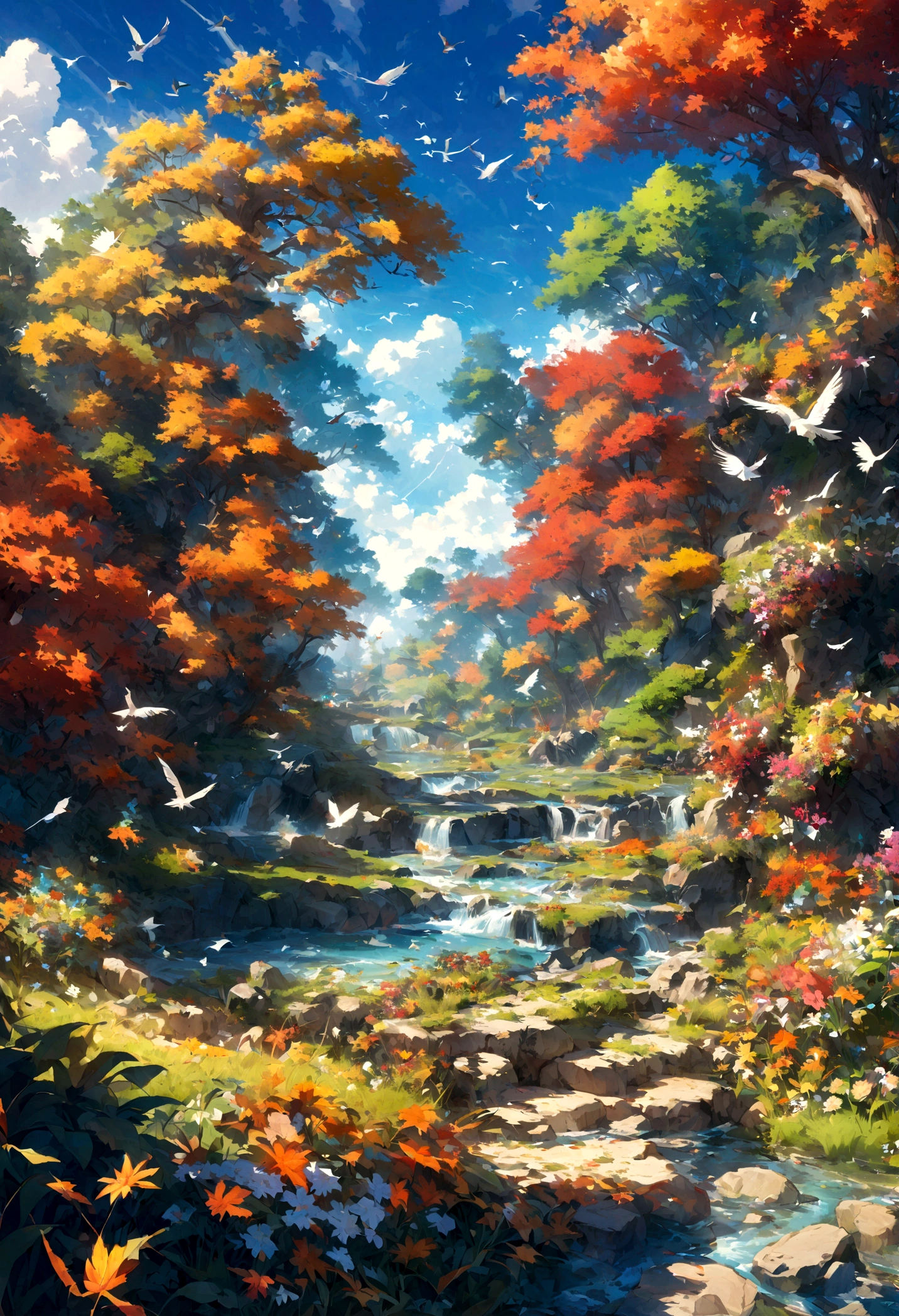 autumn fantasy in the garden of Eden, stream, many birds singing, flowers, and a blue sky,