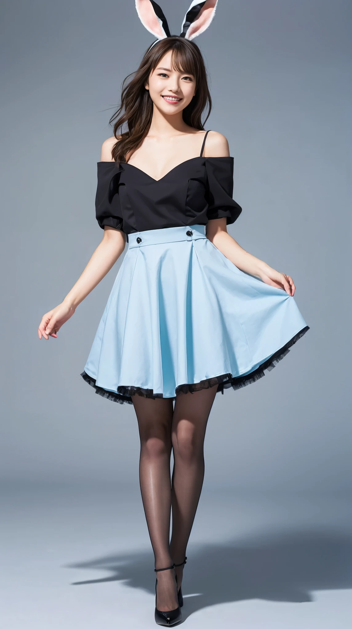 Bunny girl in light blue maid outfit:1.5,Wearing light blue tights:1.5,The best smile:1.5,Full Body Shot:1.5,Gray background:1.5,Wearing black high heels:1.5,Short cut side wave:1.5,