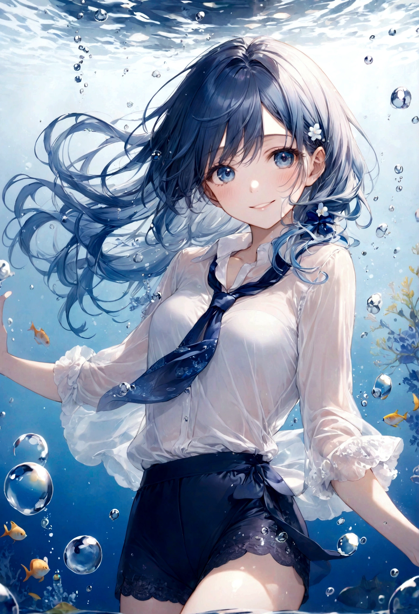 (top-quality)), ((​masterpiece)), ((ultra-detailliert)), (extremely delicate and beautiful), bright sky blue hair, watery hair, bright sapphire eyes, fair skin, beautiful woman, sheer white shirt, sheer silky navy blue shorts, navy blue ribbon tie, pearl decorations, underwater world, cold background, air bubbles, water bubbles, underwater, sweet smile, relaxed expression, delicate wavy long hair, blue and white flowers in the water