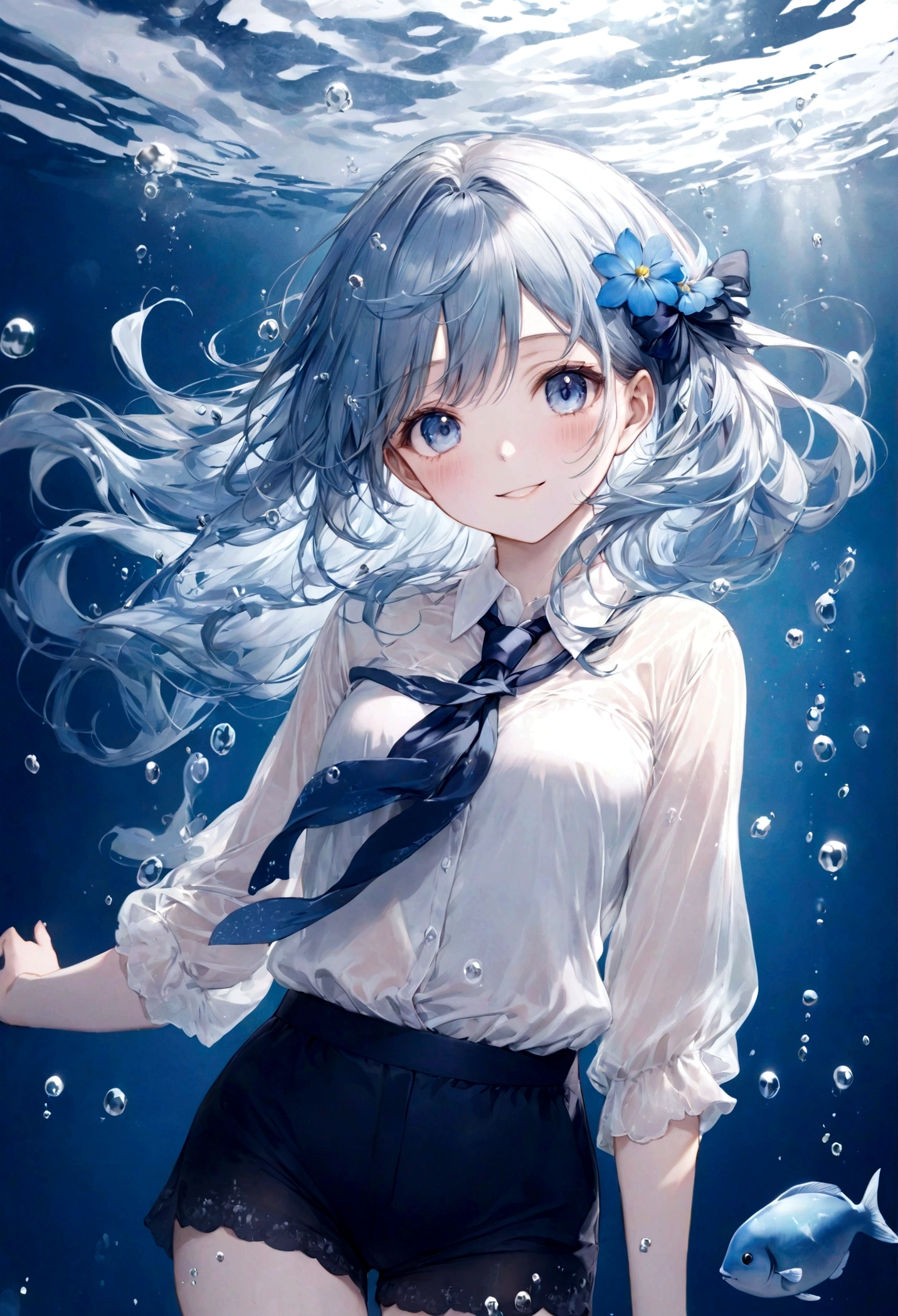 (top-quality)), ((masterpiece)), ((ultra-detailliert)), (extremely delicate and beautiful), bright sky blue hair, watery hair, bright sapphire eyes, fair skin, beautiful woman, sheer white shirt, sheer silky navy blue shorts, navy blue ribbon tie, pearl decorations, underwater world, cold background, air bubbles, water bubbles, underwater, sweet smile, relaxed expression, delicate wavy long hair, blue and white flowers in the water