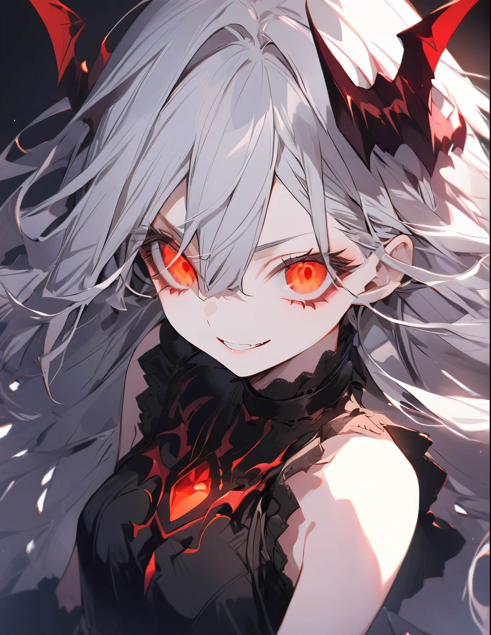 Afterglow Eyes Wicked Smile Fighting Demon King Goth Girl (Young Girl:1.5)Small breasts(Small body:1.5)Silver Hair (Long Hair:1.4)(eye shadow:1.3)(Eyelashes:1.2)Afterglow(Red glowing eyes), (Big Hair) Original costume girly dress(fringe)(More about the Strand), (Black Background)Wicked Smile　Fighting Demon King