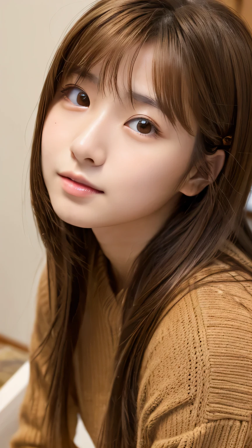 (masterpiece:1.2), Japanese, (((18 years old))), (a girl), indoor, close up to face, (opened mouth wide), light-brown hair, (((view from above))),