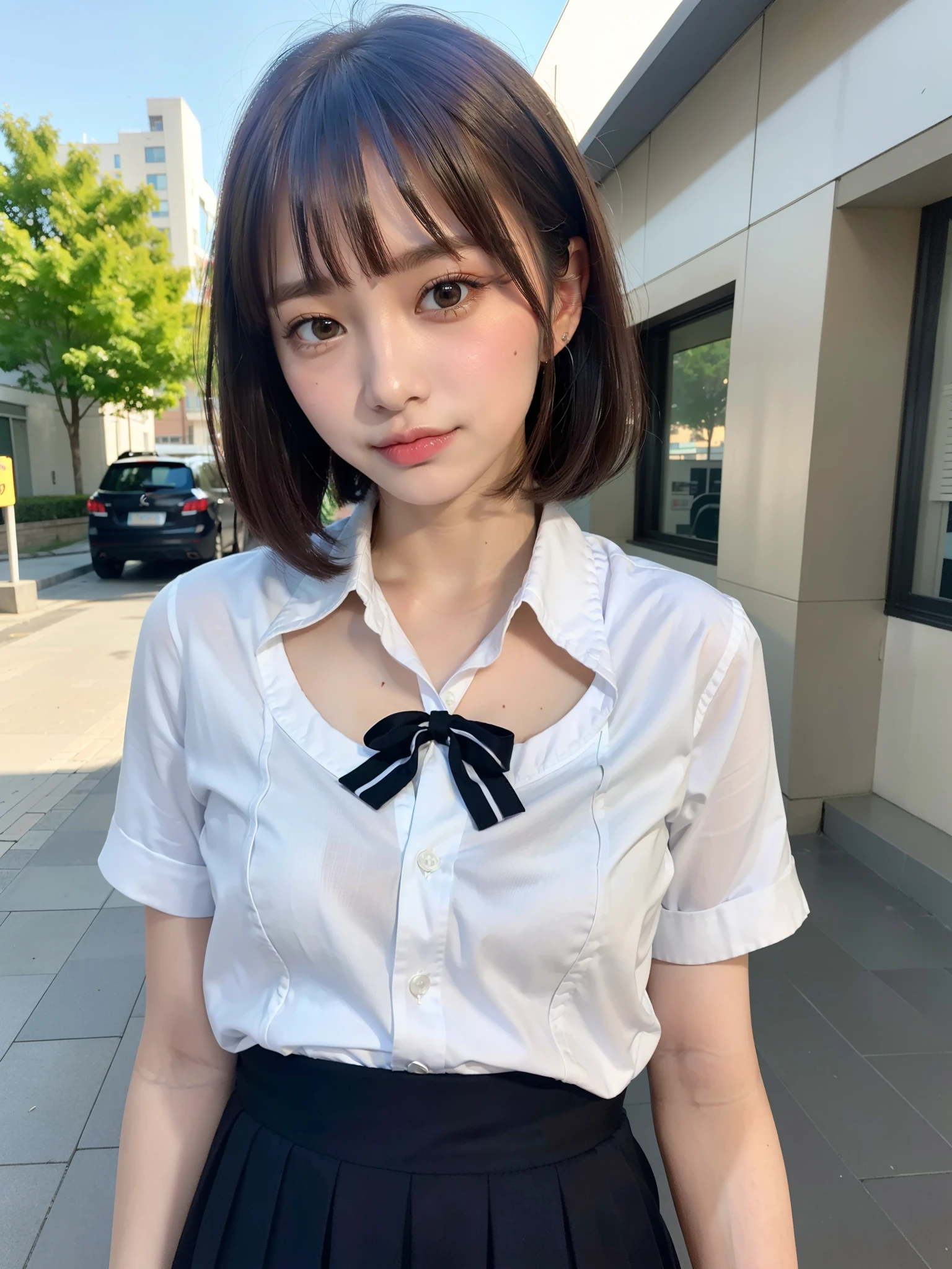 ((Best of the highest quality, 8k, Masterpiece, raw photo: 1.2)), Sharp focus: 1.2, (1 AESPA, slim body type female, 21 y/o: 1.1), (Solo: 1.28), (realistic, photo-realistic:1.37), face focus, cute face, finely eyes, (droopy eyes: 1.32), (Emphasize prominent aegyo-sal with bright: 1.2), shimmering eyeshadow applied under the lower lash line, paired with thick, voluminous mascara, (small breasts, flat chest: 1.3), (short bob, bangs: 1.28), (school uniform shirt, ribbon, panties: 1.2), walking terrace dinning, sun light, flower, (arms up: 0.8)