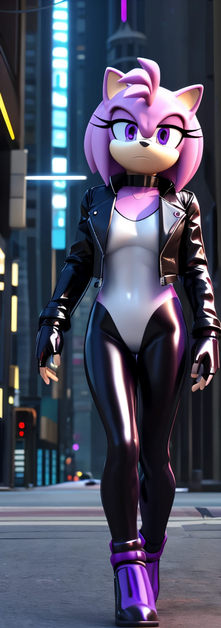 Solo, 1girl, full body image, rendered in SFM, ((sonic oc:1)), from sonic, high detail iconic character, in the new action-movie sonic, ghost in the shell city, official render, 3d render official art, toon shader, ((female)), (((purple hedgehog:1))), Amy rose style quills, metallic purple eyeliner, ((purple eyes:1.5)), ((calm neutral expression)), ray trace 4 k, ray trace 4k, (((latex neck seal bodysuit))), (((leather jacket))), ((fingerless gloves:0.9))