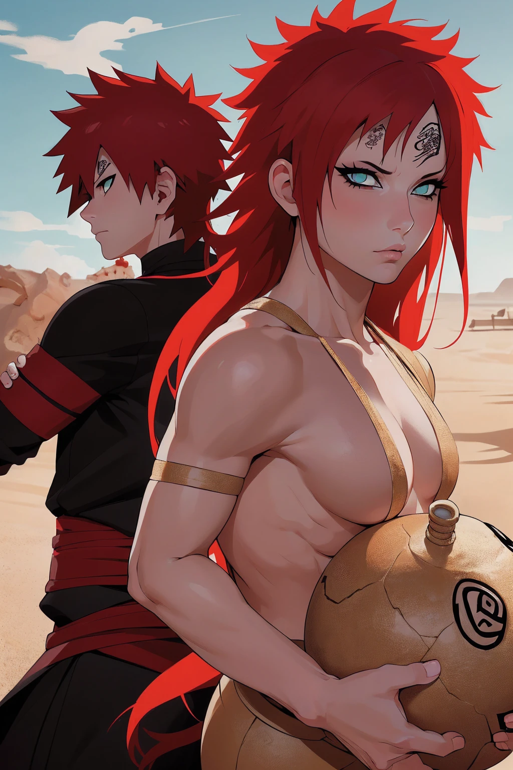 (Absurd, high quality, ultra -compared, careful with the hand) 1 woman, large breats, long red hair, gaara daughter ( Gaara/Naruto), Subaku no Gaara, sand gourd on the back, titting on the ground