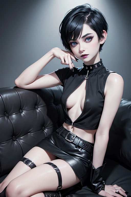 Cute 18 yo English woman with raven black hair, (short:1.1),(pale:1.4), ice blue eyes,(small breasts:1.2),((pixie cut)), Smoky eye, mascara, black lipstick, black nail polish, spiked choker, black skirt, fishnets, black sleeveless, t-shirt, boots.