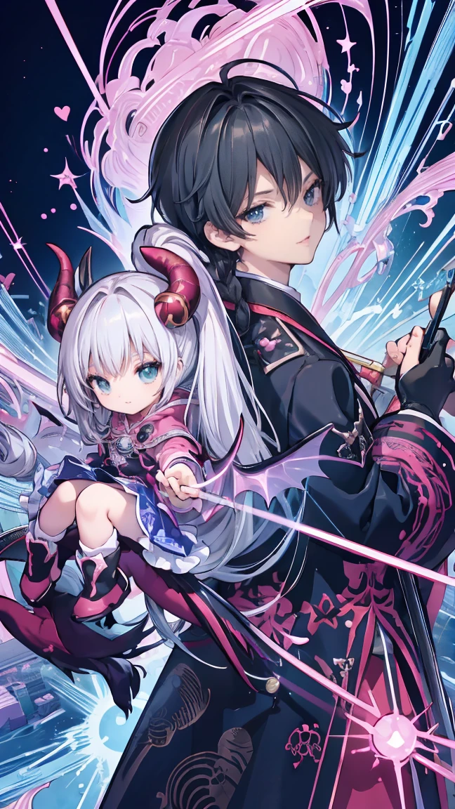 Japanese anime style.
Hong Kong cityscape at night.
A cute magical girl and a cool male demon king are enjoying the Parapara dance...
[Cute Magical Girl Special]
Long light green twin tails.
Beautiful hair accessories, but、Ugly but cute mascot characters also appear.
She has a shiny magic wand with a big jewel on it.
[Characteristics of a male demon king]
He is handsome, Mature men in their 30s.
The head has horns、Her hair is very long、It is reddish purple。.
He is wearing a cool long coat, It comes with something like a mascot character....
Large bat-like wings growing from its back..
Next to him is a small, Cute dragon-like monster..
