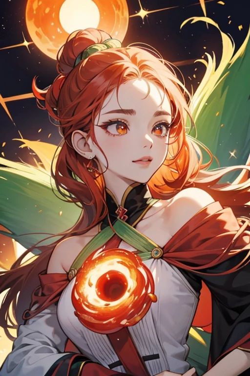 Karakutchi has a red, Her eyes look like half-circles with the flat side on top, and she has large circular pupils. In the anime, she is depicted with red irises. sHe is usually smiling, and her mouth curls up at the edges. There is a long, green stem on top of Karakutchi's head. sHe also has a glob of red sauce on top of a glob of yellow-orange sauce on her head. The sauces run down the sides of her head and over her forehead. SPARKLE; GLITTER