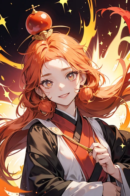 Karakutchi has a red, Her eyes look like half-circles with the flat side on top, and she has large circular pupils. In the anime, she is depicted with red irises. sHe is usually smiling, and her mouth curls up at the edges. There is a long, green stem on top of Karakutchi's head. sHe also has a glob of red sauce on top of a glob of yellow-orange sauce on her head. The sauces run down the sides of her head and over her forehead. SPARKLE; GLITTER