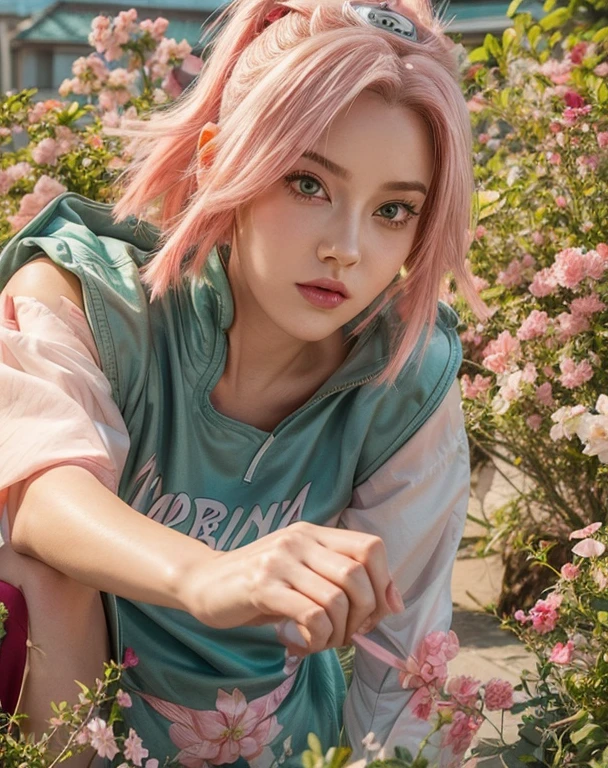 young woman, bubblegum pink hair tied in a bun, wide forehead, porcelain skin, pink eyebrows, emerald green eyes, upturned nose, thick pink lips, heart-shaped face, dark red clothes, Sakura Haruno, realism, well detailed, 3d