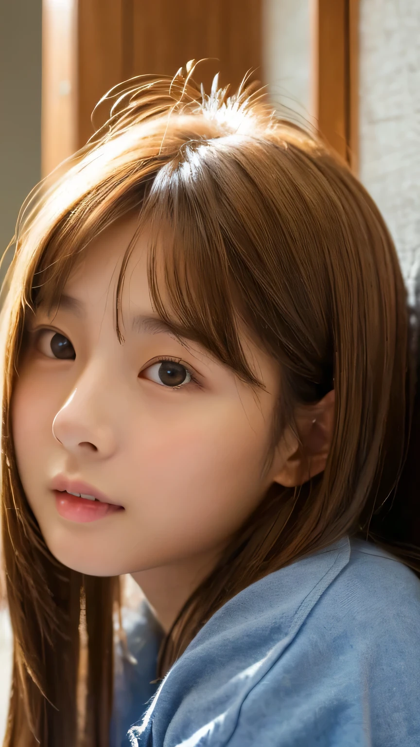 (masterpiece:1.2), Japanese, (((18 years old))), (a girl), indoor, close up to face, (opened mouth wide), light-brown hair, (((view from above))),