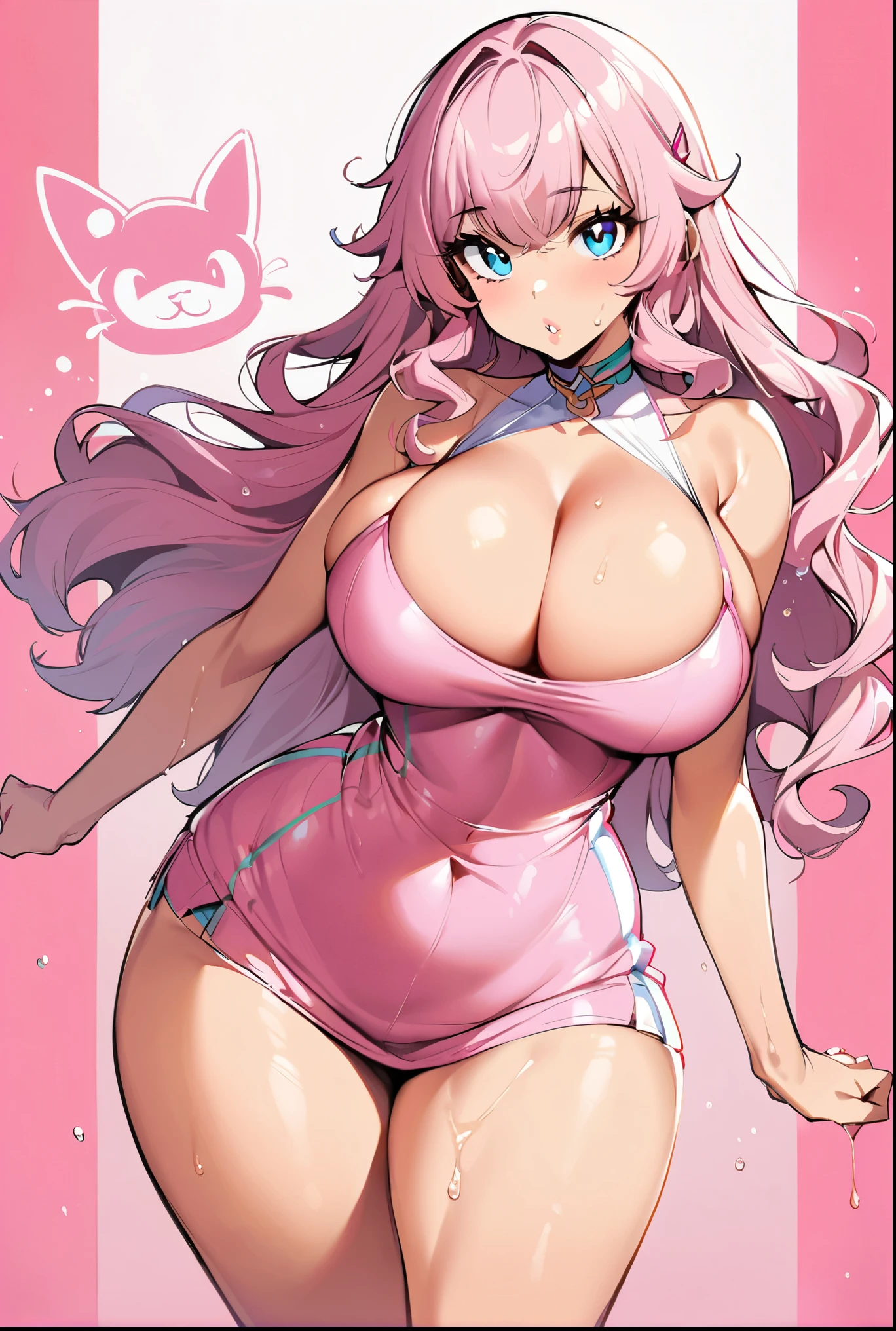 (masterpiece, best quality:1.2), 1girl, solo,standing, 
by by buta99, by chelodoy, by spikedmauler, by cervina7, solo, female, standing, looking at viewer, ((hair, snout), lips, eyelashes, eyeliner, big breasts, cleavage, blue eyes, sexy, long light pink hair, long wavy hair, skinny, canine, pink, kawaii, small waist, huge thighs, milf body , big eyes, pink clothes, phair ,kawaii, super kawaii, big hips, kawaii outfit, sexy, nsfw, pink, pink theme, huge , showing, huge thighs, huge hips, shiny, skinny waist, mini skirt, shiny skin, glowy skin, huge curls, bangs, kawaii girl, sexy clothes, wet, colorful hair clips, blush, sugar theme, candy, yello, blue and pink theme, pastel and soft colors, hot, big lips , pink clothes, skinny waist, hourglass figure,  skinny, sexy