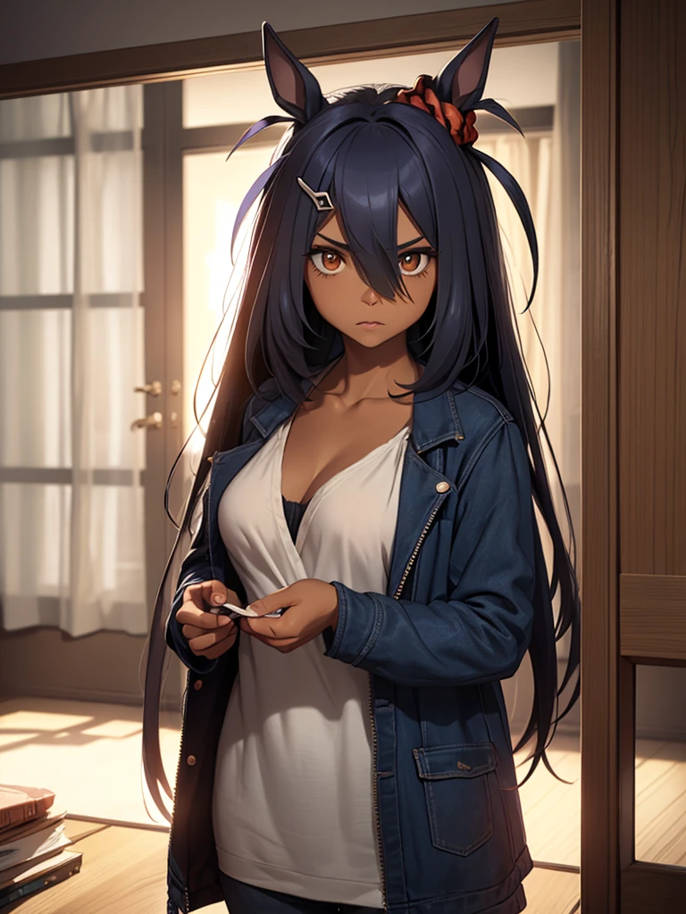 (top-quality、hight resolution), In a dimly lit, intimate room, a woman stands facing a man who saved her life. She is dressed in slightly torn and dirtied clothes, indicating a recent struggle or dangerous situation. Her expression is a mix of resignation and determination as she speaks to the man. Despite the tension in the air, there is a sense of gratitude in her eyes. She acknowledges her debt and reluctantly offers herself to him, ready to repay him however he wishes. The room is simple and shadowy, emphasizing the seriousness of the moment. The man stands nearby, looking at her with a mix of emotions, creating a complex, charged atmosphere. nsfw, ((open jacket)), Hishi Amazon (umamusume)