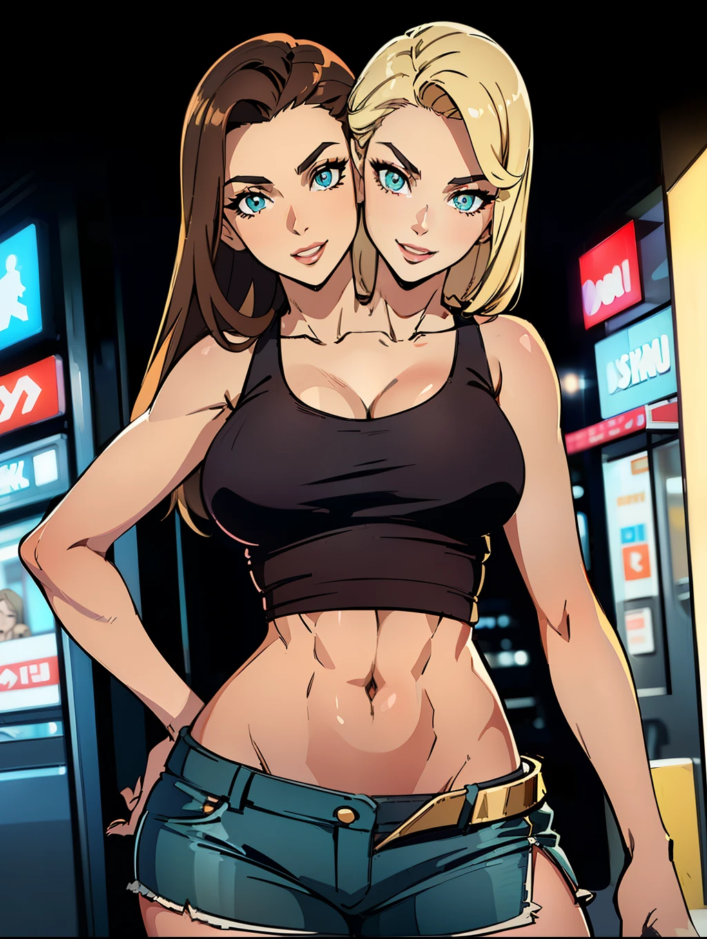 (masterpiece),best quality:1.5, ultra-detailed, high resolution, high quality, 16K, ((2heads:1.5)), ((brown hair)), ((blonde hair, (different hair colors), long hair, (bikini), (1girl), conjoined twins, (white tank top) (midriff-revealing tank top), (sexy silhouette), futuristic city street, lustrous and smooth skin, (mature woman), seductive silhouette, ((slim hips)), casual dress, sexy proportions, Beautiful girl with accentuated slender abs, seductive woman, lustrous woman, (detailed eyes), seductive smile