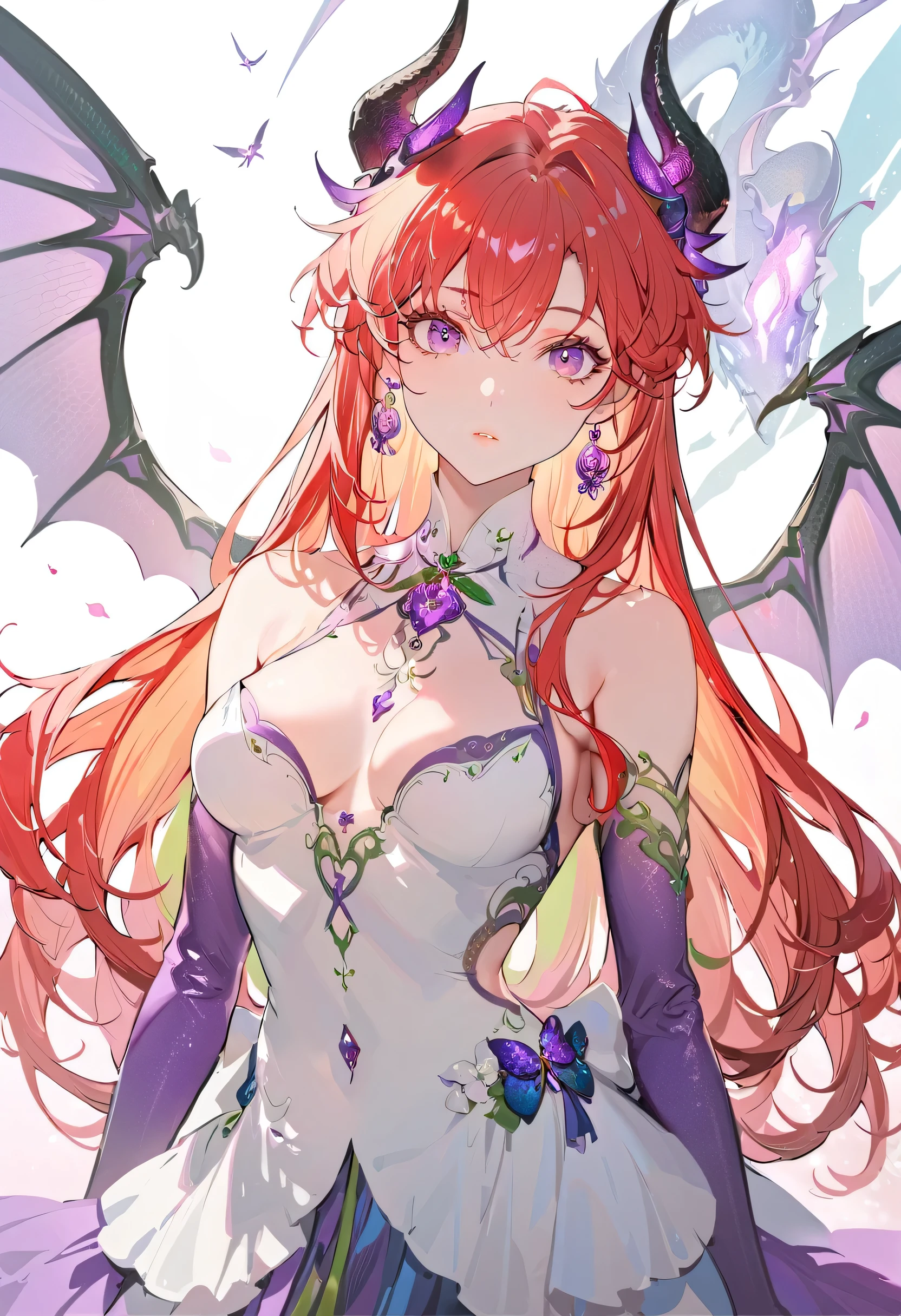 best quality,masterpiece,ultra high res,intricate detail,8K,sharp focus,((no text)),(extremely detailed CG unity 8k wallpaper),Center, 1 Girl, Kawaii Dragon Knight, Dragon Wings, Red hair, Violet Eye, Long wavy hair,Vivid colors, epic work, Epic Proportions, HD perfect face, exquisite makeup,close up