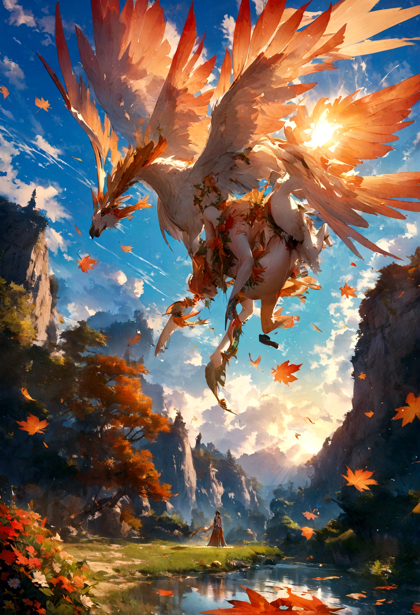 autumn fantasy in the garden of Eden, stream, eaglw flying, flowers, and a blue sky, the big sun in the horizon