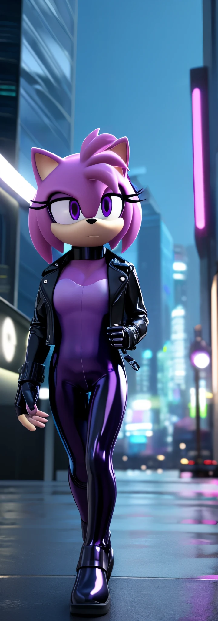 Solo, 1girl, full body image, rendered in SFM, ((sonic oc:1)), from sonic, high detail iconic character, in the new action-movie sonic, ghost in the shell city, official render, 3d render official art, toon shader, ((female)), (((purple hedgehog:1))), Amy rose style quills, metallic purple eyeliner, ((purple eyes:1.5)), ((calm neutral expression)), ray trace 4 k, ray trace 4k, (((latex neck seal bodysuit))), (((leather jacket))), ((fingerless gloves:0.9))