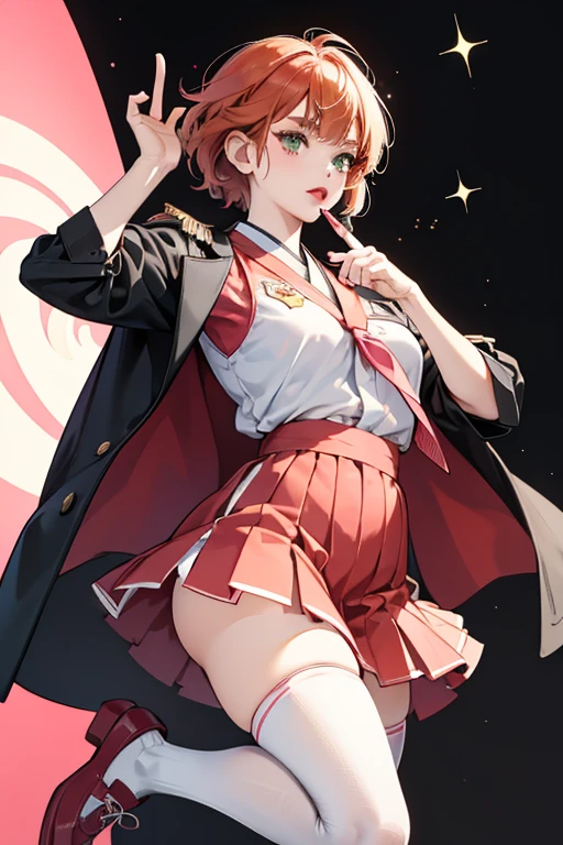 Kawaiinaotchi resembles a Japanese . She has short, ginger hair with two side fringes covering her eyebrows. She has an L shaped nose and she wears red lipstick. In her right hand she holds a pink cellphone. She wears a white and red uniform with a green tie, with white tights and black shoes. SPARKLE; GLITTER