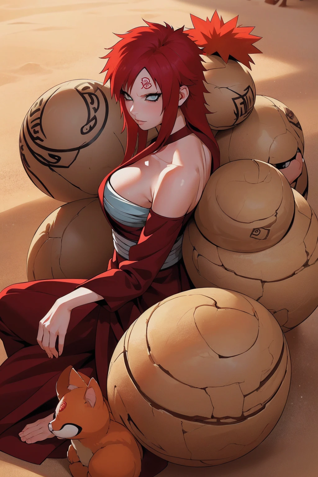 (Absurd, high quality, ultra -compared, careful with the hand) 1 woman, large breats, long red hair, gaara daughter ( Gaara/Naruto), Subaku no Gaara, sand gourd on the back, sitting on the ground