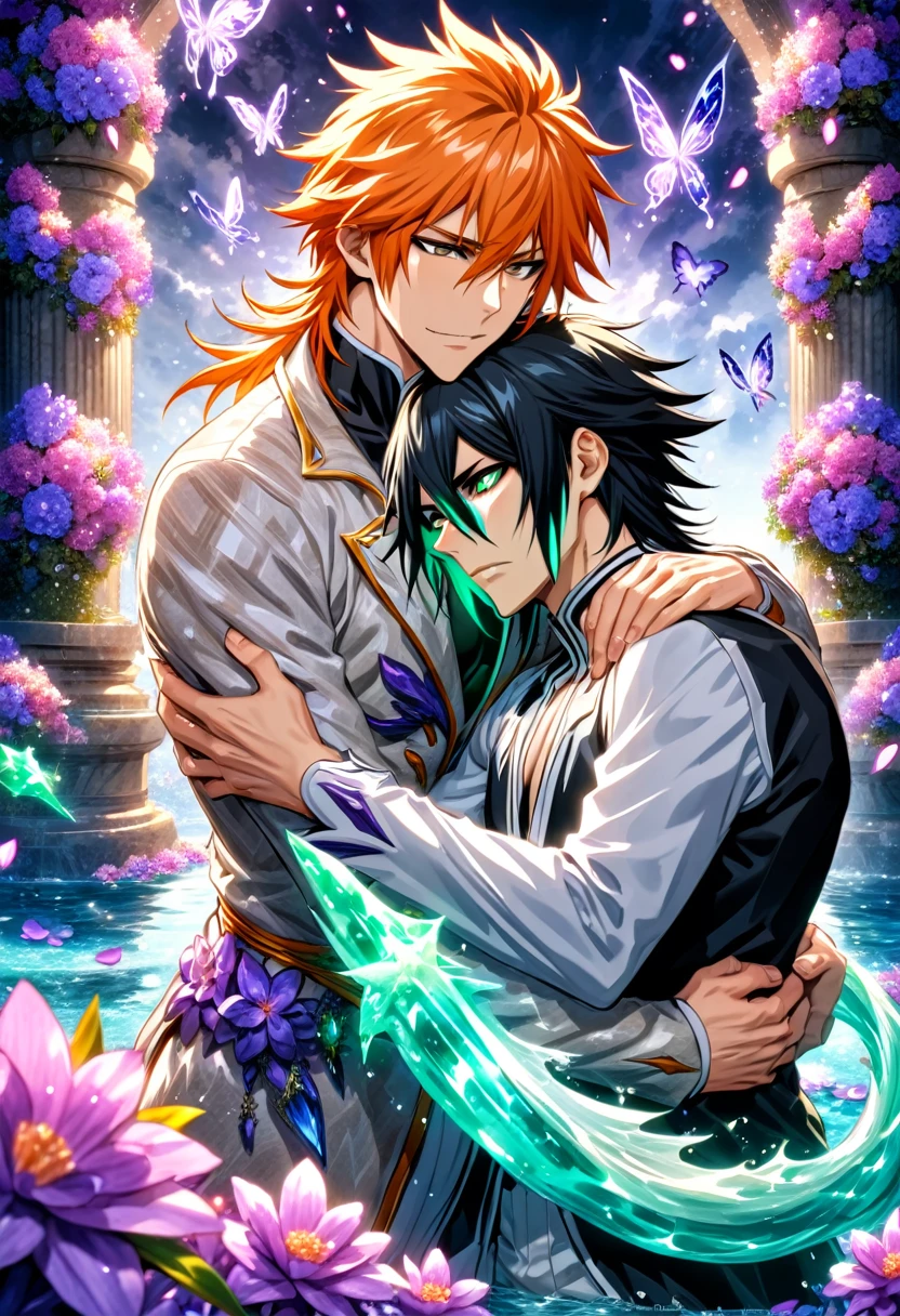 absurdres, highres, ultra detailed, HDR, master piece, best quality, Ulquiorra Cifer, black hair, expressive green eyes, Bleach, Kurosaki Ichigo, orange hair, expressive brown eyes, two sexy men together, gay couple, yaoi, handsome, black and white clothes, magical, fantasy, shining, water, purple flowers, purple blossoms, purple butterflies, purple petals