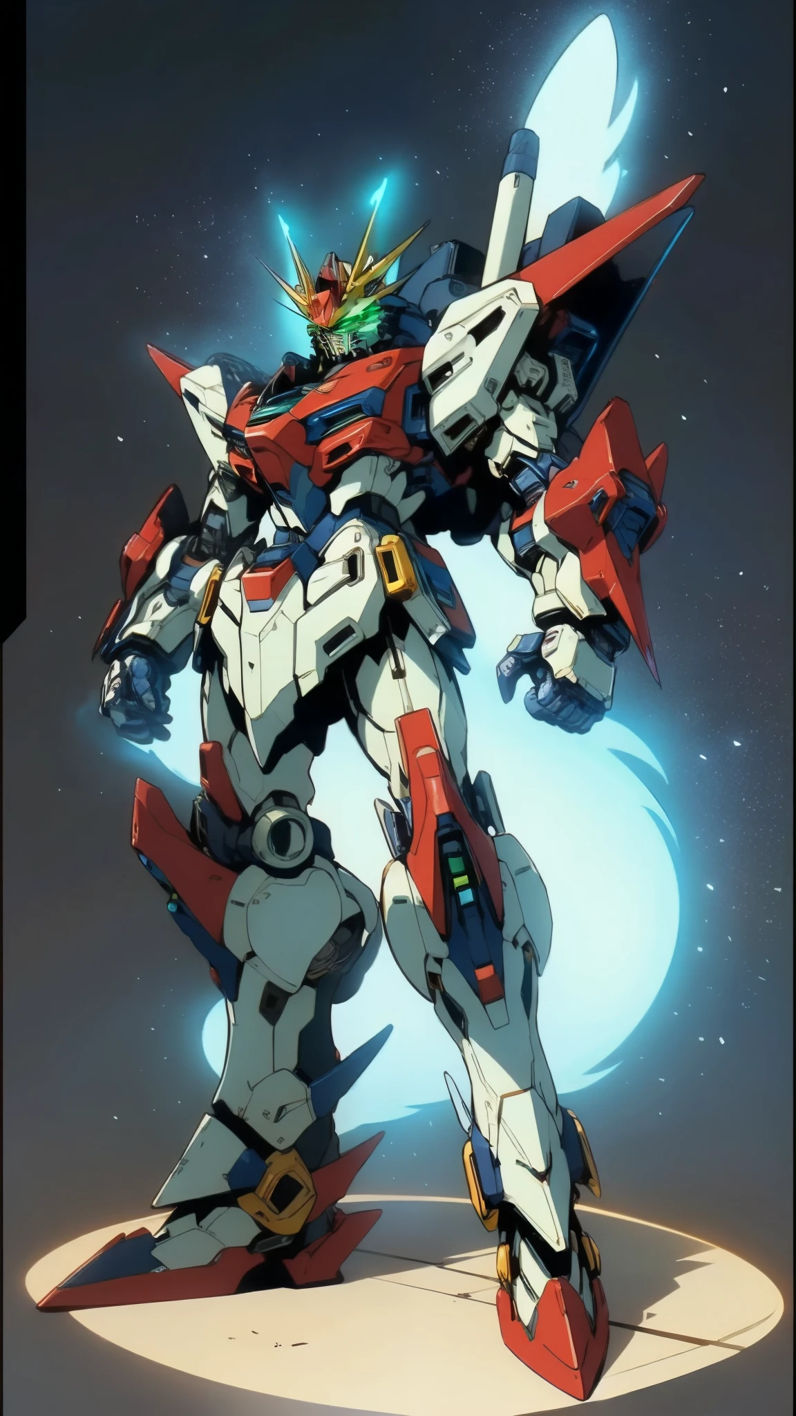 Humanoid Mecha, fully enclosed shoulder guards, matching arm and leg guards, full body, full armor, super robot, the design balances heavy with agility, (the color scheme is primarily white with red and blue accents, the concept Inspired by super robot, Lion shaped chest armor, pose, standing, floats above a futuristic sci-fi city), exquisite and mature art style, (aura effect, energy, glowing green eyes, the armor glows), ((SRS)), metallic, dramatic, high definition, best quality, highres, ultra-detailed, ultra-fine painting, extremely delicate, professional, perfect body proportions, anatomically correct, symmetrical face, extremely detailed eyes and face, high quality eyes, creativity, RAW photo, UHD, 32k, Natural light, cinematic lighting, masterpiece-anatomy-perfect, masterpiece:1.5
