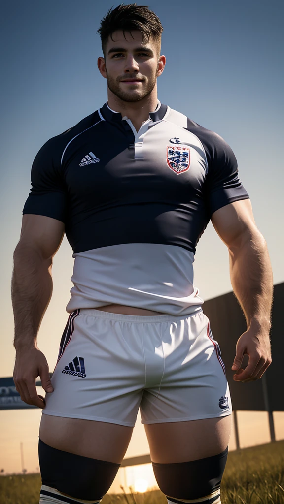 one pale muscular man rugby player ,Full body, smile, rugby player, sport pants, rugby esportive uniform, wet black hair fade ,alluring big eyes, European mature 30yo man, (High shadow detail), wearing Calvin Klein rugby brands shirt, strong thighs legs, neck tattoo, large lips mouth, Wide shoulders, nice detailed naughty hands on his bulge, glans shape on short, field background on golden-hour.