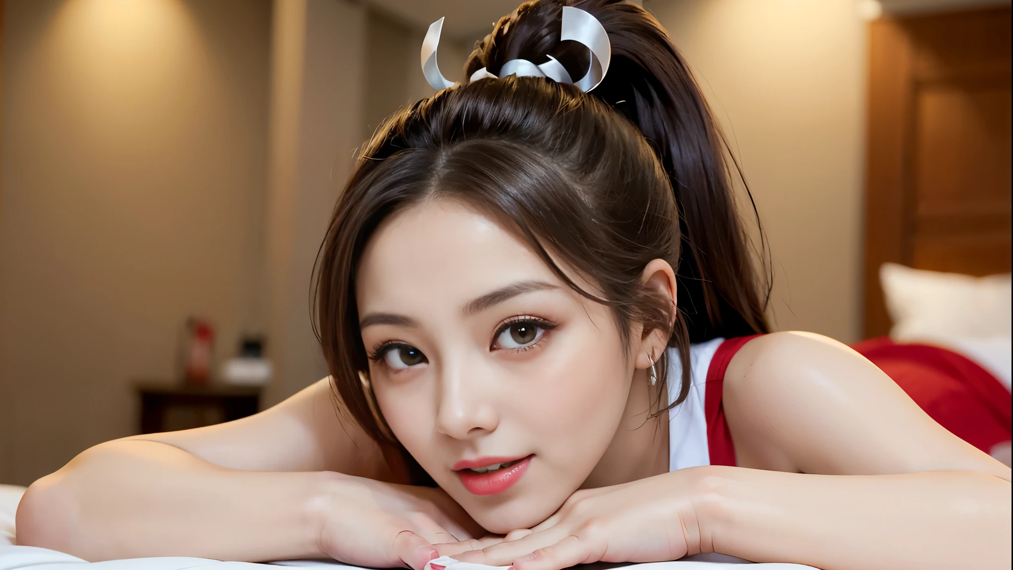 ((midnight, need, 8K, masterpiece:1.3)), Full body female love, Leg length, focus:1.2, Full figure，完美身材of美丽女人:1.4,((Dark brown hair, huge tits:1.2 )), (Low-cut，Deep V big chest,), 高度详细of面部和皮肤纹理, There are many people there，细致of眼睛, Double eyelids，big eyes，可爱of大乳房，Smile，Bigger，，Sweating，Red lips，Large bust，huge ，Wearing earrings，Noble beauty，美丽of，Plum，White skin，热of，Big breasts are attractive，Eyeshadow，吸引力美丽of女人，Sexy highlighted，of，巨大of大乳房，a lot of hair，High volume，Japanese Beauty，Ponytail Shiranui，Wearing earrings，In the bedroom，hotel，floor，白嫩of皮肤，白嫩of乳房，Laughing happily，wine，flower