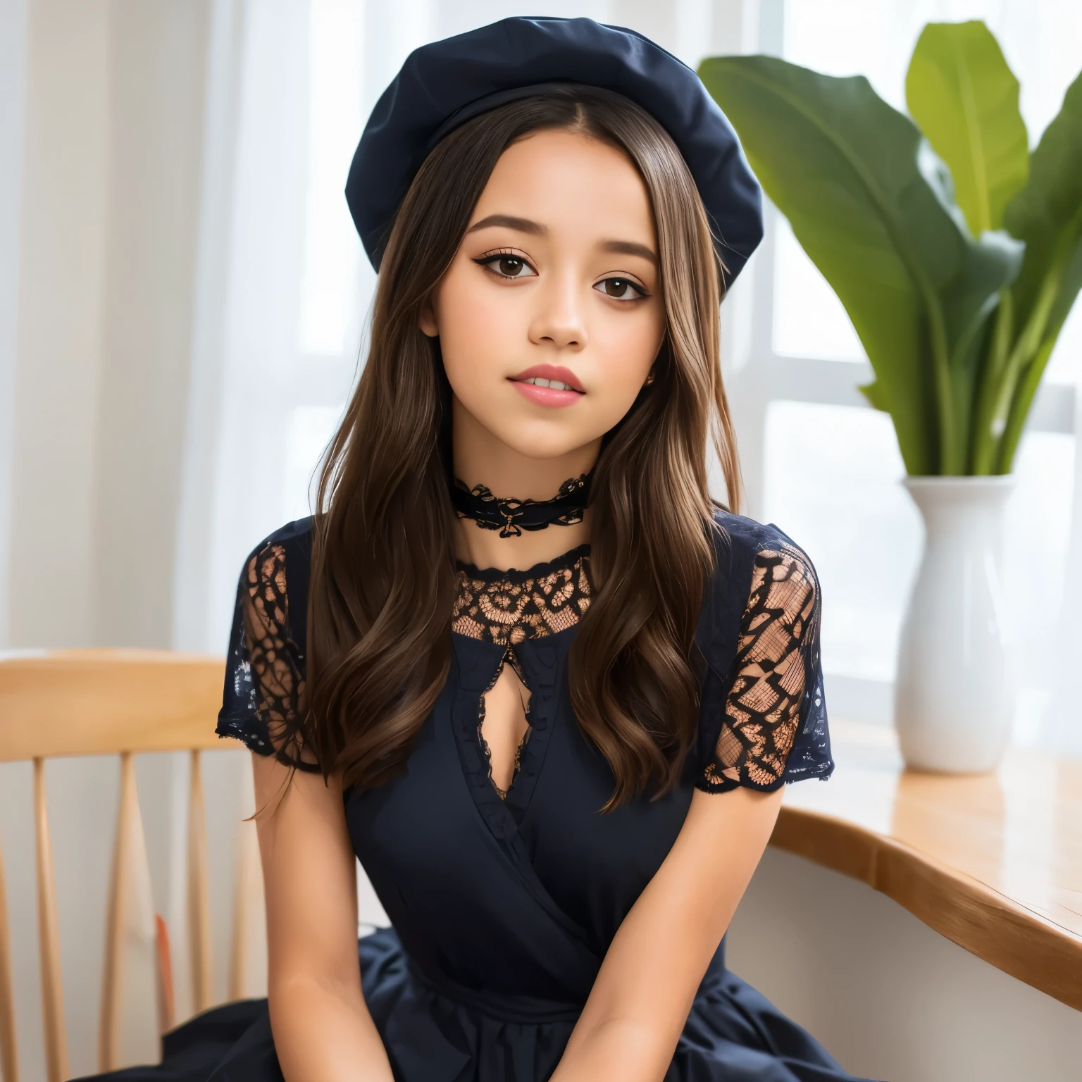 Photo portrait of Jenna Ortega, Ein atemberaubendes, detailed color portrait of (sks frau:1),(highest quality、8k、16k、Meisterwerk、realistisch、Super detailliert、Beautiful down to the smallest detail、Raytracing)、Foto、
In einem verlassenen Krankenhaus、
Jenna Ortega、20-year-old female model、((hole body))、((((Die Handgelenke sind angekettet))))、((reserved、Restraints))、
(detailliertes Gesicht、Golden ratio of beauty)、gentle smile、Detaillierte Lippen、detaillierte Augen、silbernes Haar、Bob-Haar、Super cute face in idol style、
BRECHEN (Schwarz theme:1.5), (all Schwarz:1.5), ((Gotische Lolita, Schwarz nurse costume):1.3), (Schwarz (Nurse cap, Schlinge) mit Kreuzsymbol-Aufdruck auf dem Kopf:1.5), (Fusion von (short sleeve Schwarz collared-shirt with Zweireiher) and Schwarz mini wrap-skirt:1.4), (Collarbone:1.4), (Zweireiher:1.4), (Schwarz choker with cross:1.3), ((intricately embroidered Schwarz lace, Schwarz ruffle trim):1.3), (Schwarz platform high boots:1.2),
BRECHEN (white and Schwarz theme:1.2), (white cross symbol:1.3), (Wrap white bandages around arms and legs:1.4), (white button:1.2), 
(Inappropriate smile、Spotbeleuchtung、Dunkler Hintergrund)