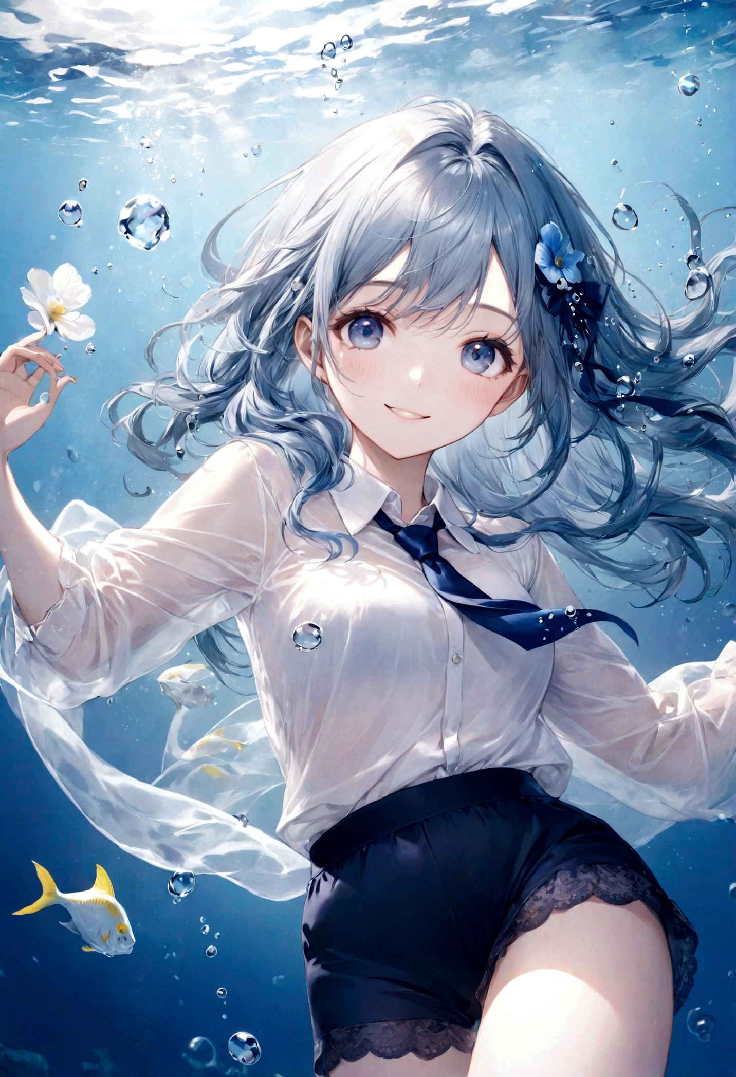 (top-quality)), ((​masterpiece)), ((ultra-detailliert)), (extremely delicate and beautiful), bright sky blue hair, watery hair, bright sapphire eyes, fair skin, beautiful woman, sheer white shirt, sheer silky navy blue shorts, navy blue ribbon tie, pearl decorations, underwater world, cold background, air bubbles, water bubbles, underwater, sweet smile, relaxed expression, delicate wavy long hair, blue and white flowers in the water