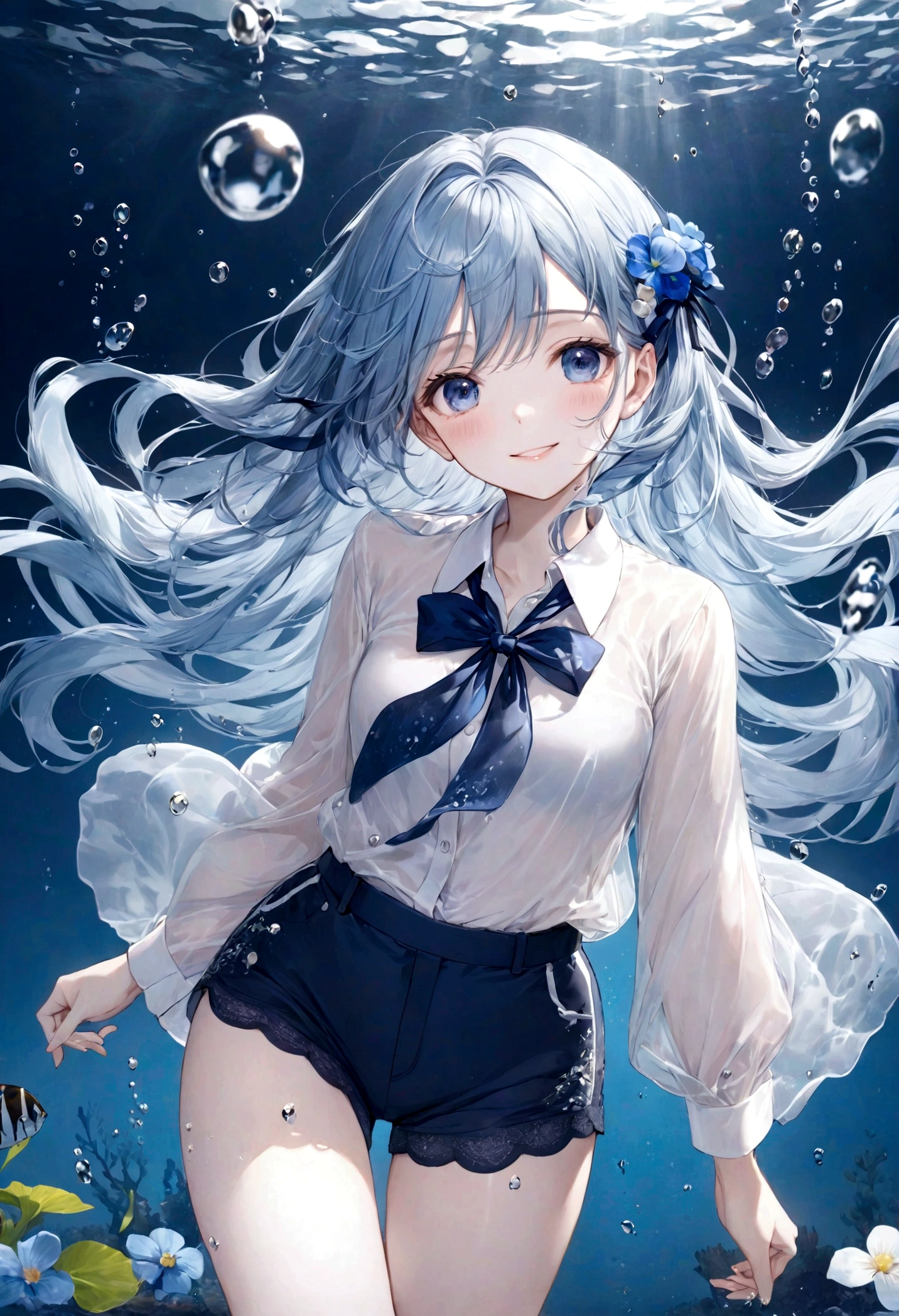 (top-quality)), ((masterpiece)), ((ultra-detailliert)), (extremely delicate and beautiful), bright sky blue hair, watery hair, bright sapphire eyes, fair skin, beautiful woman, sheer white shirt, sheer silky navy blue shorts, navy blue ribbon tie, pearl decorations, underwater world, cold background, air bubbles, water bubbles, underwater, sweet smile, relaxed expression, delicate wavy long hair, blue and white flowers in the water