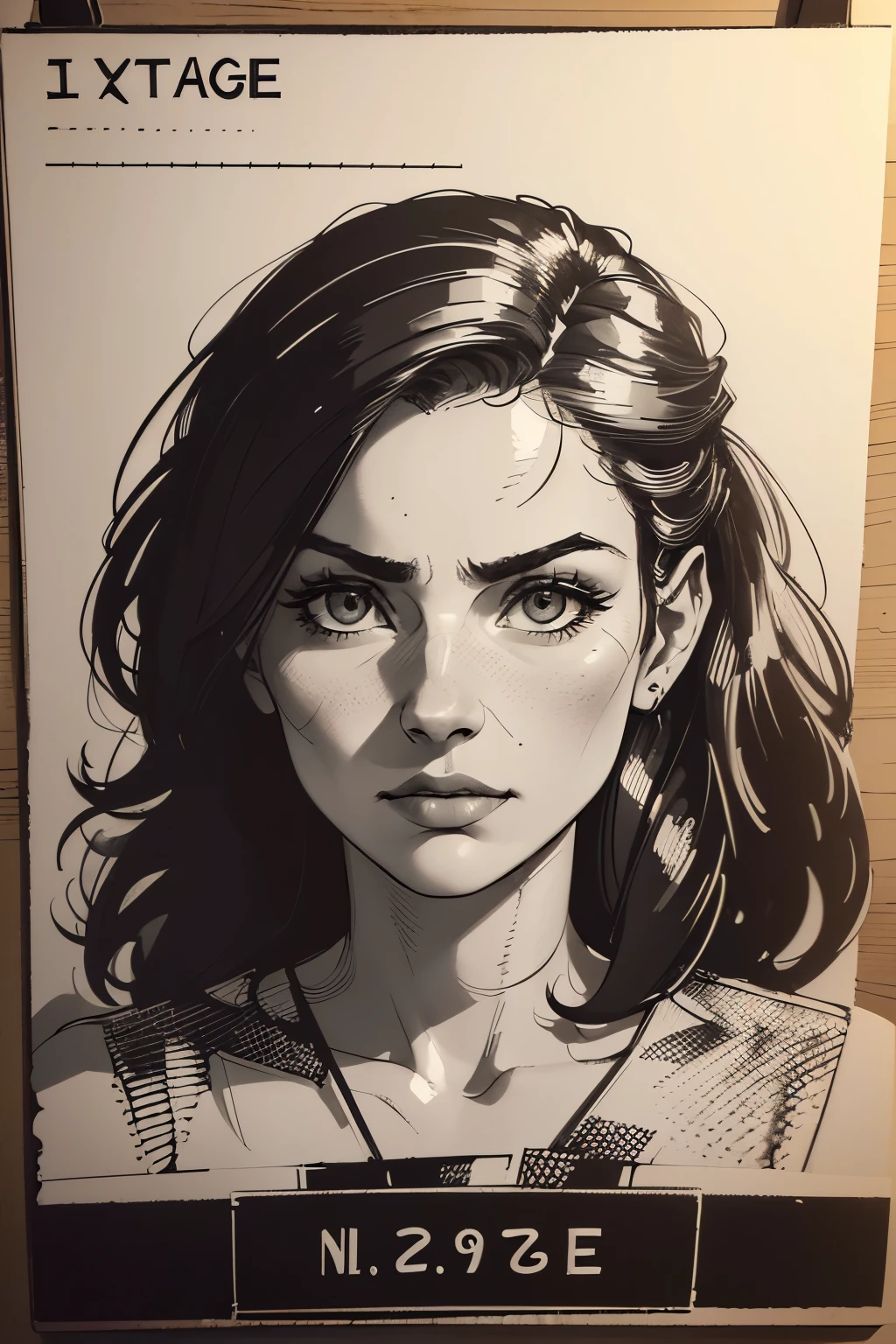 A girl in a mugshot, sketch, black and white, detailed features, vintage style, high contrast lighting, expressive eyes, tousled hair. (best quality, highres, realistic:1.37), vintage, monochrome, intense gaze, dramatic lighting, rugged background, distressed paper texture, retro vibes, id photo, front view