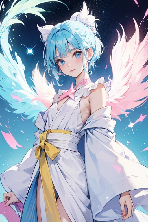 Kiki with pure white skin and pastel blue hair, wearing a white robe held together with a pink bow. On her back is a large 5-pointed yellow star. SPARKLE; GLITTER