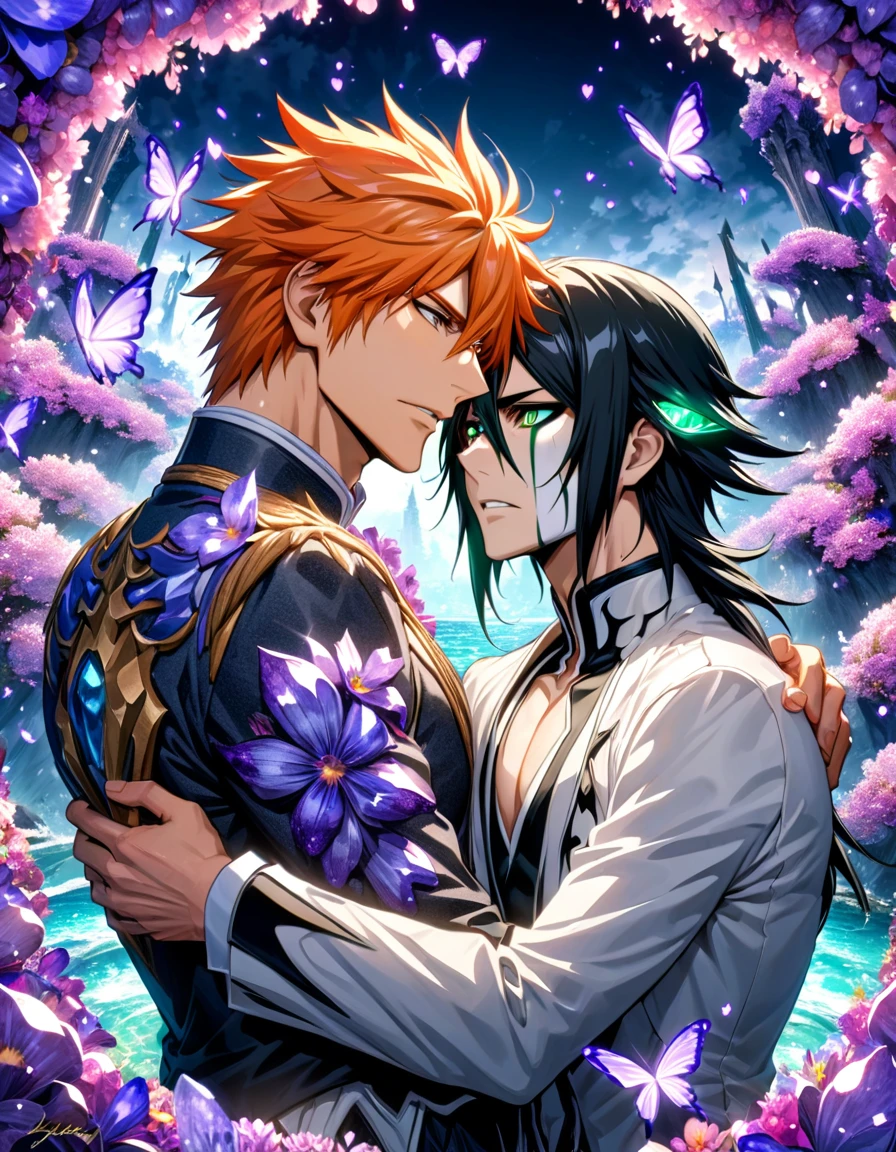 absurdres, highres, ultra detailed, HDR, master piece, best quality, Ulquiorra Cifer, black hair, expressive green eyes, Bleach, Kurosaki Ichigo, orange hair, expressive brown eyes, two sexy men together, gay couple, yaoi, handsome, black and white clothes, magical, fantasy, shining, water, purple flowers, purple blossoms, purple butterflies, purple petals