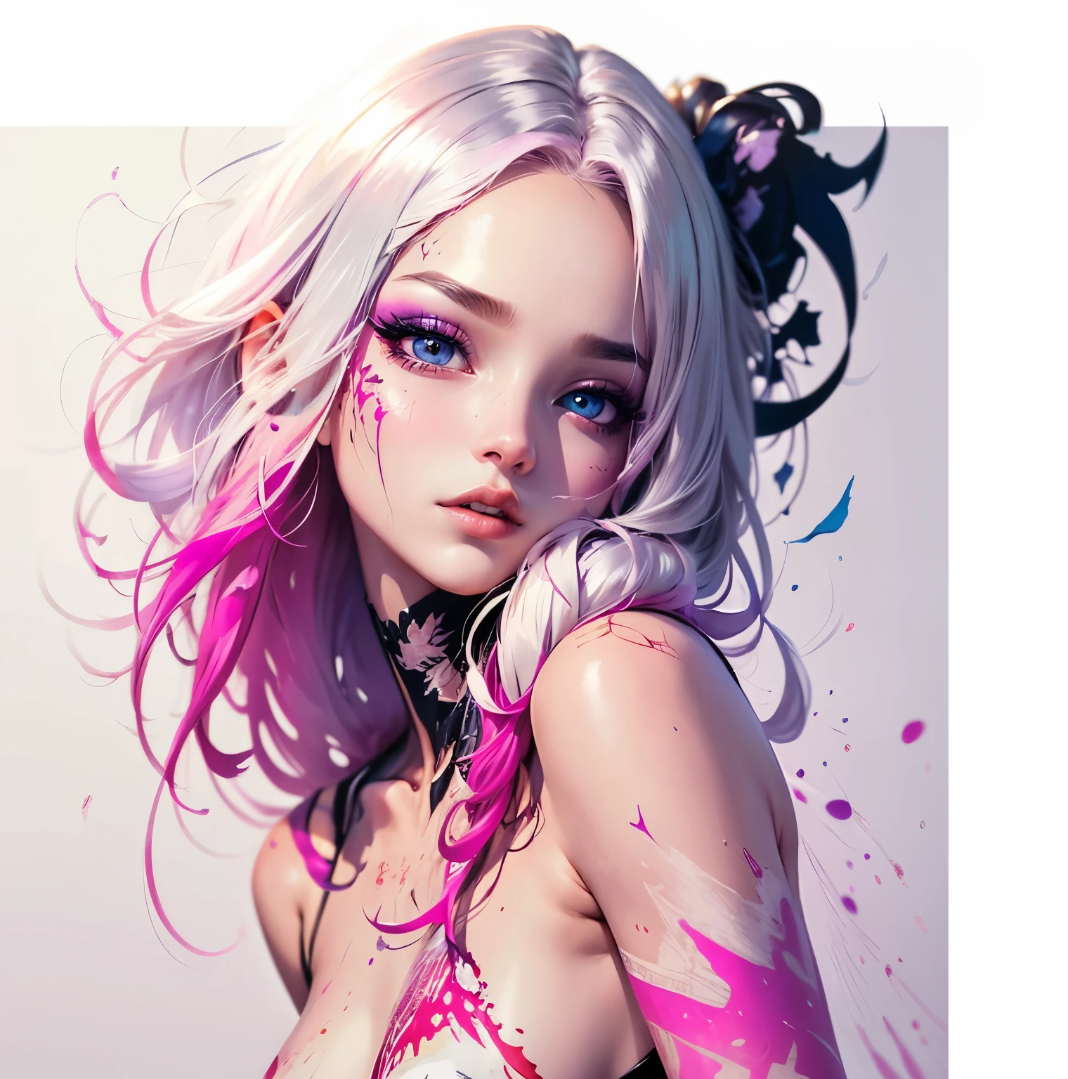 beautigful hair, silver color hair, high detailed splash perple ink, splash pink ink, professional lighting, real shadow, masterpiece,