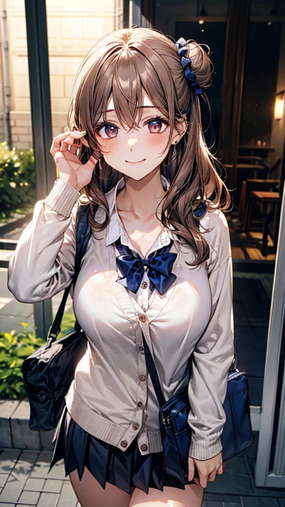 (masterpiece:1.2, Top quality), (Practical, photoPractical:1.4), Nice illustration, (Natural side light, Movie Lighting), 
Looking at the audience, Cowboy shooting, Front view:0.6, 1 girl, Japanese, High school girl, perfect face, Cute and symmetrical face, Glowing skin, 
(Long hair:1.4, half bun:1.5, Light brown hair), hair between eyes, Dark brown eyes, Eyelash extension, (Large Breasts:0.6, seductive thighs), 
beautiful hair, Pretty Face, Beautiful and delicate eyes, Beautiful clavicle, Beautiful Body, Beautiful breasts, Beautiful thighs, Beautiful legs, Beautiful fingers, 
((long sleeve white collar shirt, Navy Pleated Miniskirt, Navy ones, White cardigan)), pink, bag, 
(Beautiful scenery), night, riverside, walk, (Lovely smile, Upper Eye), 