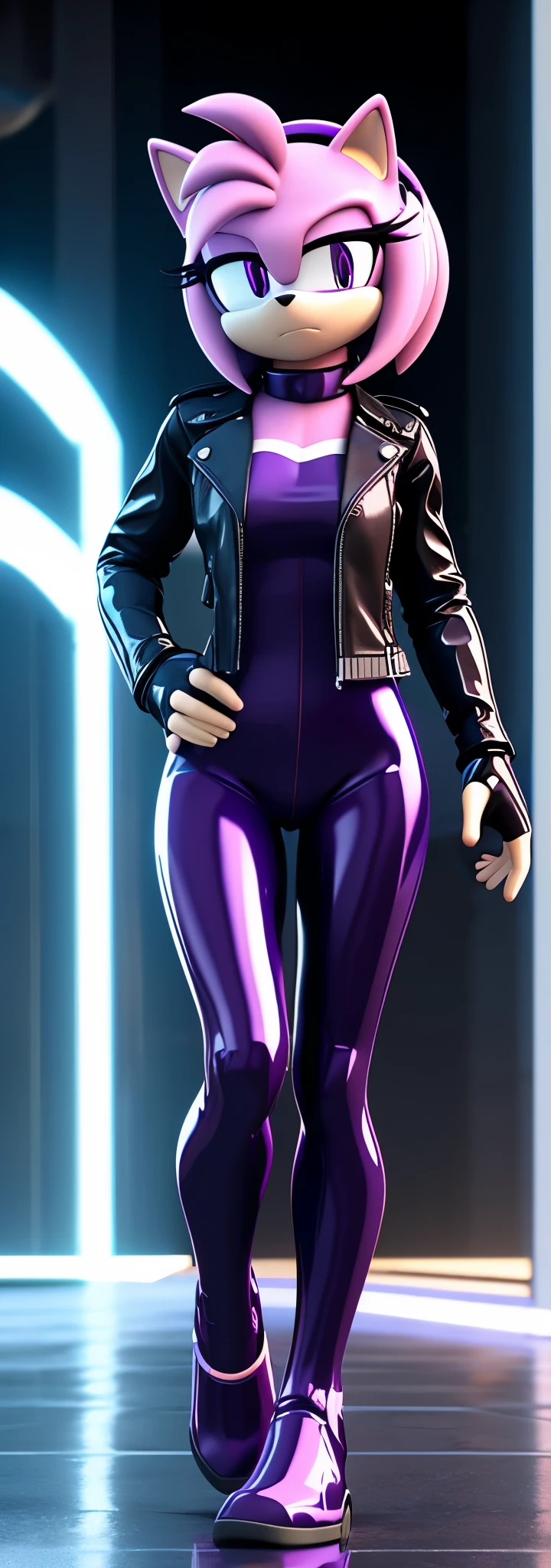 Solo, 1girl, full body image, rendered in SFM, ((sonic oc:1)), from sonic, high detail iconic character, in the new action-movie sonic, ghost in the shell city, official render, 3d render official art, toon shader, ((female)), (((purple hedgehog:1))), Amy rose style quills, metallic purple eyeliner, ((purple eyes:1.5)), ((calm neutral expression)), ray trace 4 k, ray trace 4k, (((latex neck seal bodysuit))), (((leather jacket))), ((fingerless gloves:0.9))