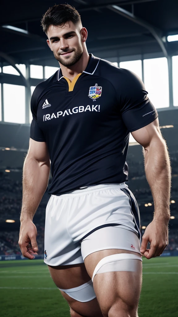 one pale muscular man rugby player ,Full body, smile, rugby player, sport pants, rugby esportive uniform, wet black hair fade ,alluring big eyes, European mature 30yo man, (High shadow detail), wearing Calvin Klein rugby brands shirt, strong thighs legs, neck tattoo, large lips mouth, Wide shoulders, nice detailed naughty hands on his bulge, glans shape on short, field background on golden-hour.