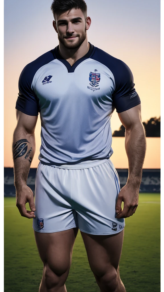 one pale muscular man rugby player ,Full body, smile, rugby player, sport pants, rugby esportive uniform, wet black hair fade ,alluring big eyes, European mature 30yo man, (High shadow detail), wearing Calvin Klein rugby brands shirt, strong thighs legs, neck tattoo, large lips mouth, Wide shoulders, nice detailed naughty hands on his bulge, glans shape on short, field background on golden-hour.