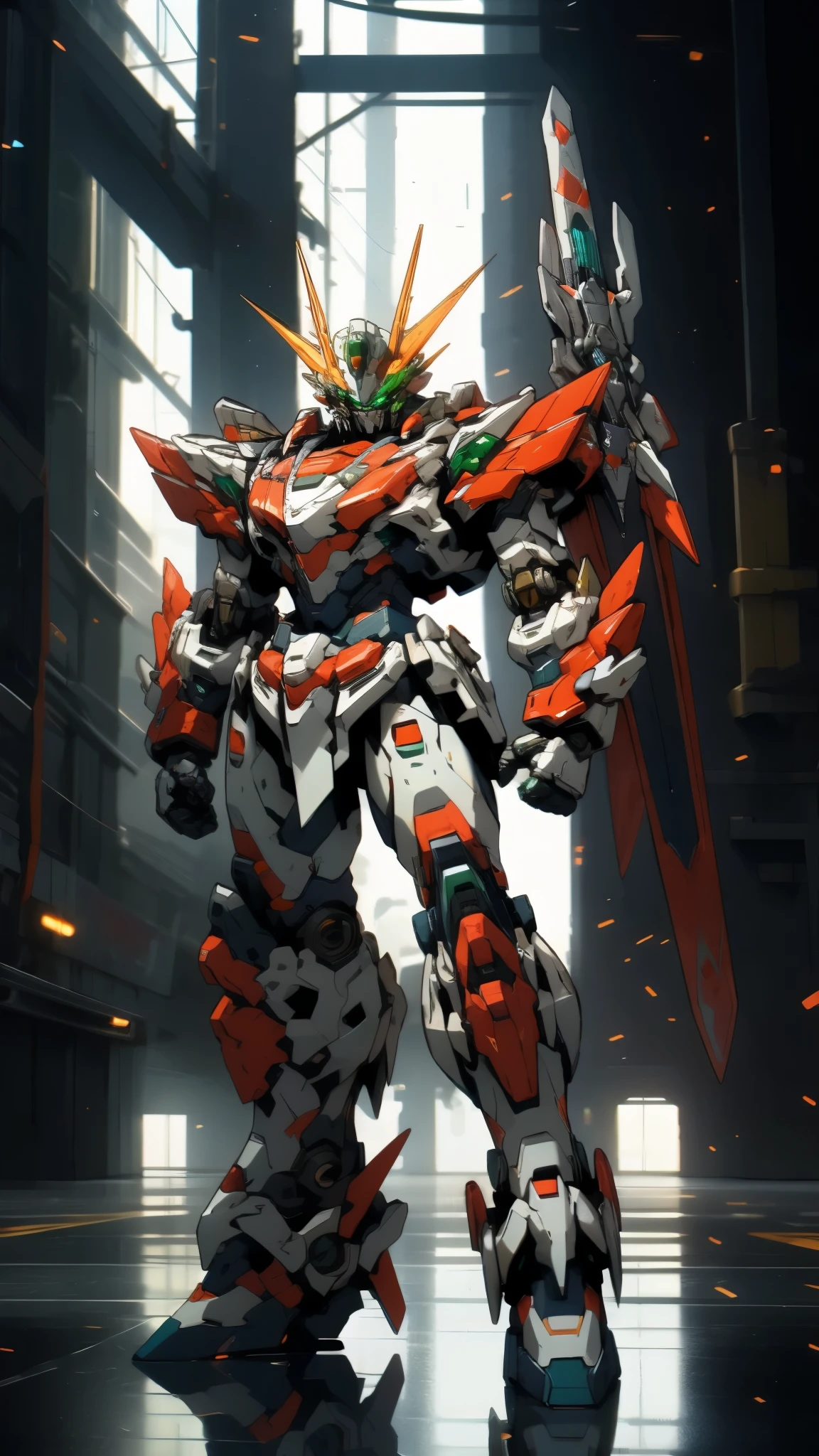 Humanoid Mecha, fully enclosed shoulder guards, matching arm and leg guards, full body, full armor, super robot, the design balances heavy with agility, (the color scheme is primarily white with red and blue accents, the concept Inspired by super robot, Lion shaped chest armor, pose, standing, floats above a futuristic sci-fi city), exquisite and mature art style, (aura effect, energy, glowing green eyes, the armor glows), ((SRS)), metallic, dramatic, high definition, best quality, highres, ultra-detailed, ultra-fine painting, extremely delicate, professional, perfect body proportions, anatomically correct, symmetrical face, extremely detailed eyes and face, high quality eyes, creativity, RAW photo, UHD, 32k, Natural light, cinematic lighting, masterpiece-anatomy-perfect, masterpiece:1.5