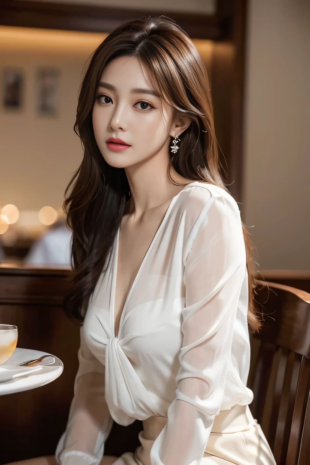 masterpiece, highest quality, Realistic, Very detailed, Finer details, High resolution, 8k wallpaper, One beautiful woman, Wear an elegant white see-through blouse, In a great restaurant, At night, Light brown messy hair, Perfect dynamic composition, Beautiful and beautiful eyes、Big earrings、Sitting in a chair、