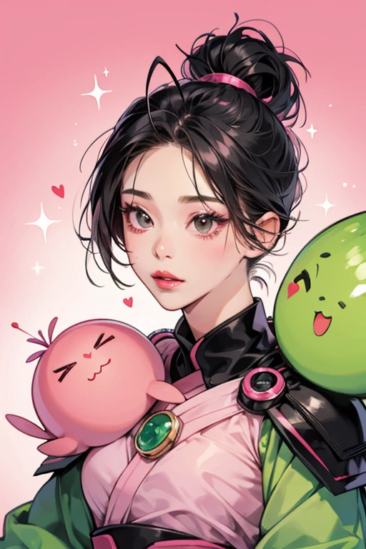 Kikotchi has a face with green skin, pink body, and big red lips. She has small black eyes and no visible arms. She has a pink, heart-shaped antenna sticking out from the top of his head. SPARKLE; GLITTER