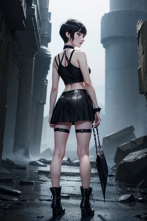 (back view),(full body:1.3),Cute 18 yo English woman with raven black hair, (short:1.1),(pale:1.4), ice blue eyes,(small breasts:1.2),((pixie cut)), Smoky eye, mascara, black lipstick, black nail polish, spiked choker, black skirt, fishnets, black sleeveless, t-shirt, boots.