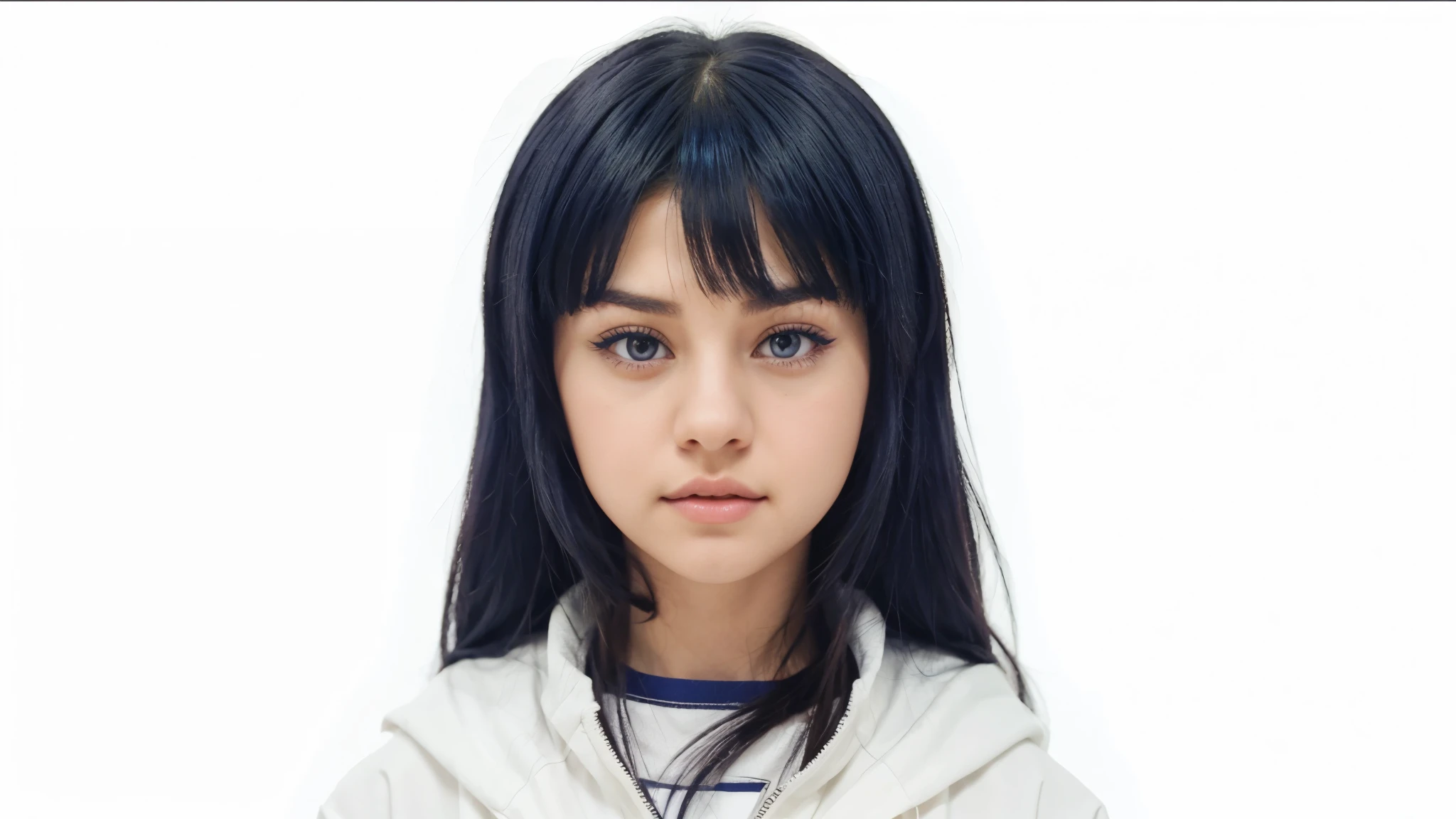 Selena Gomez as Hinata Hyuga, very beautiful, realistic, 30 years old, Dark blue hair