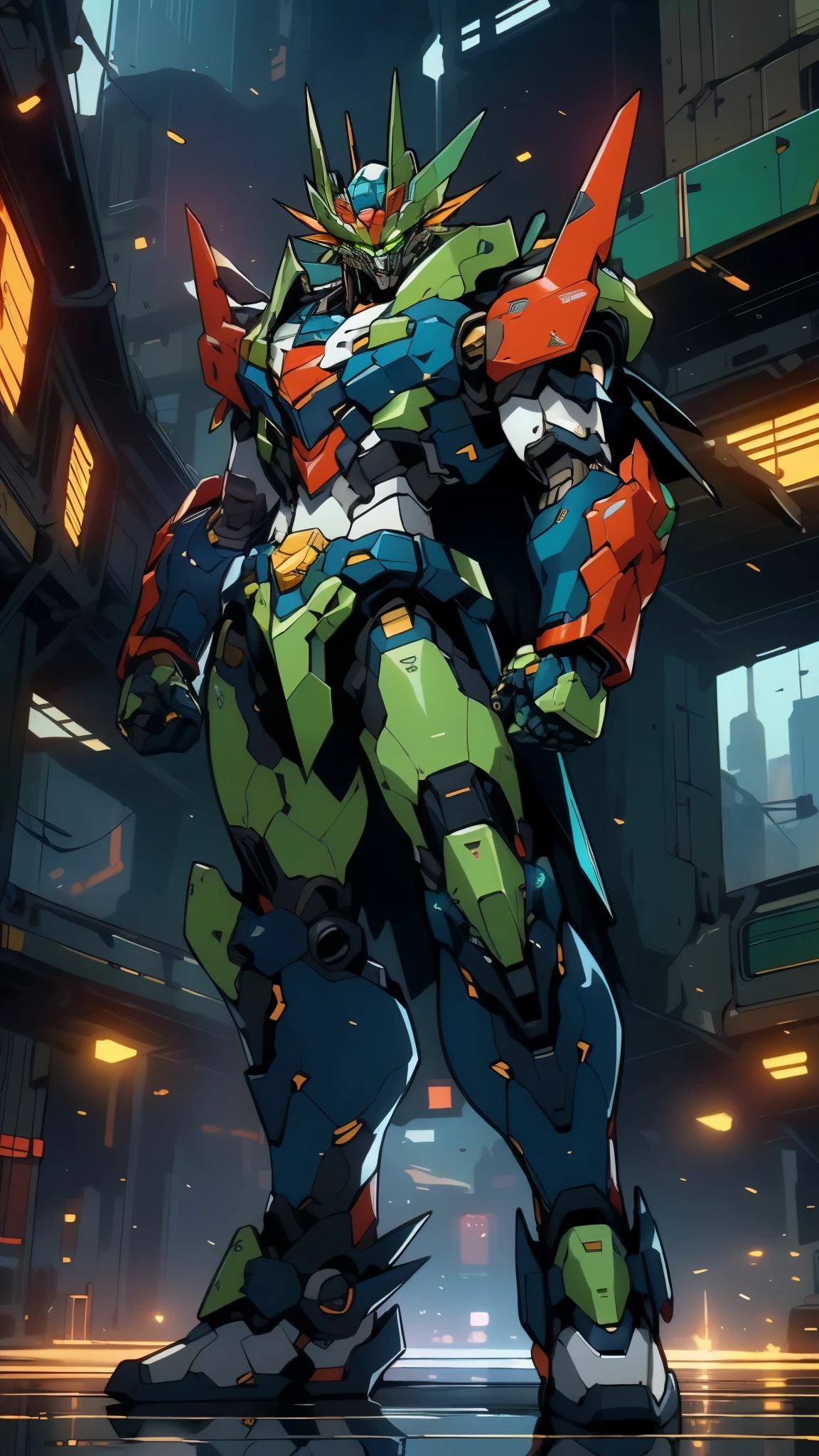 Humanoid Mecha, fully enclosed shoulder guards, matching arm and leg guards, full body, full armor, super robot, the design balances heavy with agility, (the color scheme is primarily white with red and blue accents, the concept Inspired by super robot, Lion shaped chest armor, pose, standing, floats above a futuristic sci-fi city), exquisite and mature art style, (aura effect, energy, glowing green eyes, the armor glows), ((SRS)), metallic, dramatic, high definition, best quality, highres, ultra-detailed, ultra-fine painting, extremely delicate, professional, perfect body proportions, anatomically correct, symmetrical face, extremely detailed eyes and face, high quality eyes, creativity, RAW photo, UHD, 32k, Natural light, cinematic lighting, masterpiece-anatomy-perfect, masterpiece:1.5