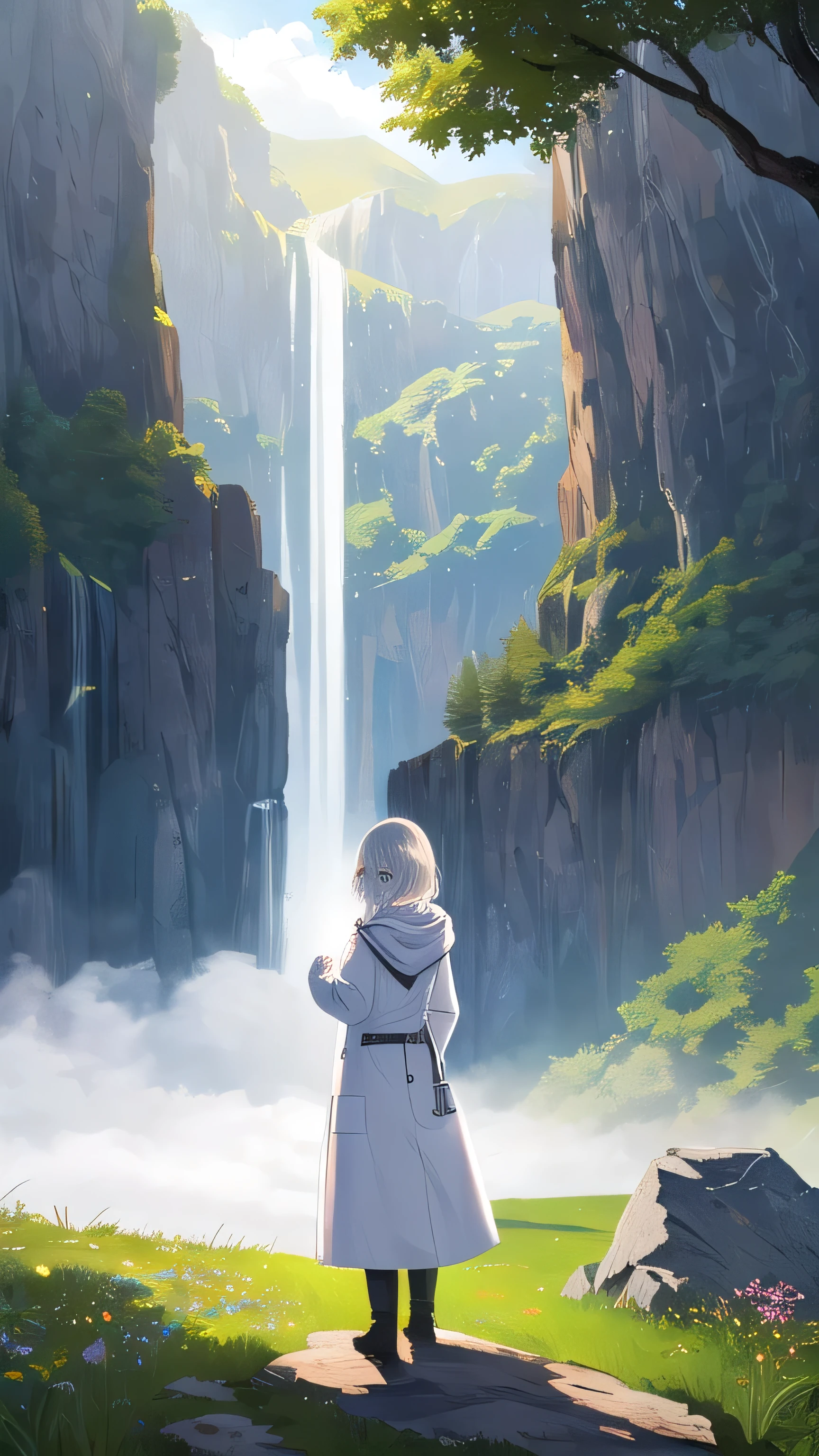 ((best quality)), ((masterpiece)), ((ultra-detailed)), (illustration), (detailed light), (an extremely delicate and beautiful),
incredibly_absurdres,(ray tracing),light particle,
((solo:1.8)),(1girl:1.5),((a beautiful girl)),(((full body shot))),((standding)),(facing away),(((white coat))),((beautiful white dress+white knee boots)),((Belts)),(white scarf),(leg loops),(((long white_hair))),
((beautiful sky)),(scenery),((grassland)),((mountain)),((canyon)),((waterfall)),(cloud),((nature)),(grass),((fog)),(flower),(stone),(rock),(sunlight) ,