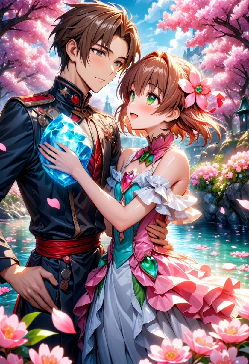 Ultra detailed, Highres, absurdres, HDR, master piece, Kinomoto Sakura, brown short hair, expressive green eyes, Shaoran Li, brown hair, expressive brown eyes, Sakura Card Captor, a handsome boy together with a beautiful girl, couple, love, extremely detailed eyes and face, water, pink flowers, blossoms, petals, sexy, fantasy, magic clothes,